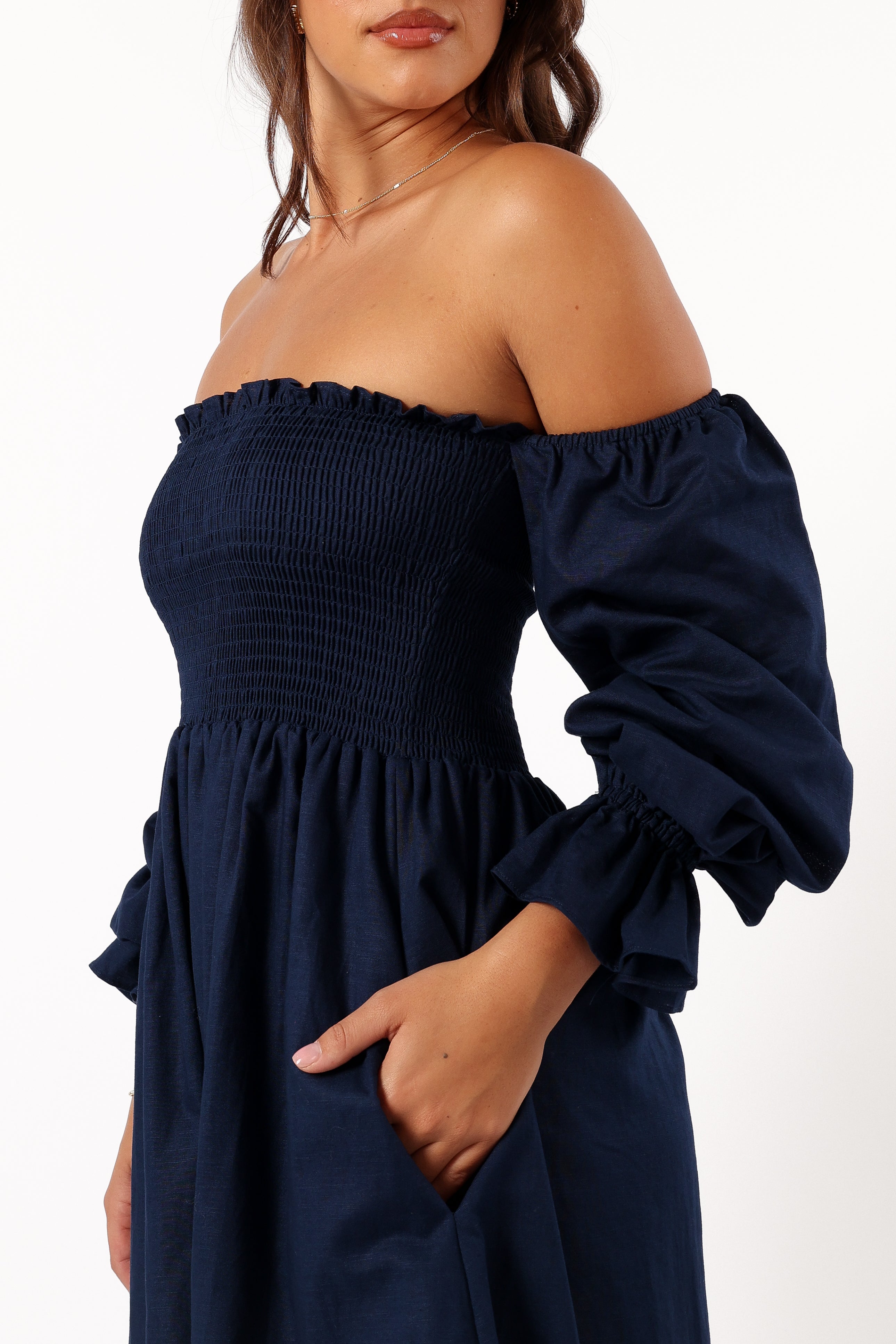 Domenica Shirred Long Sleeve Dress - Navy