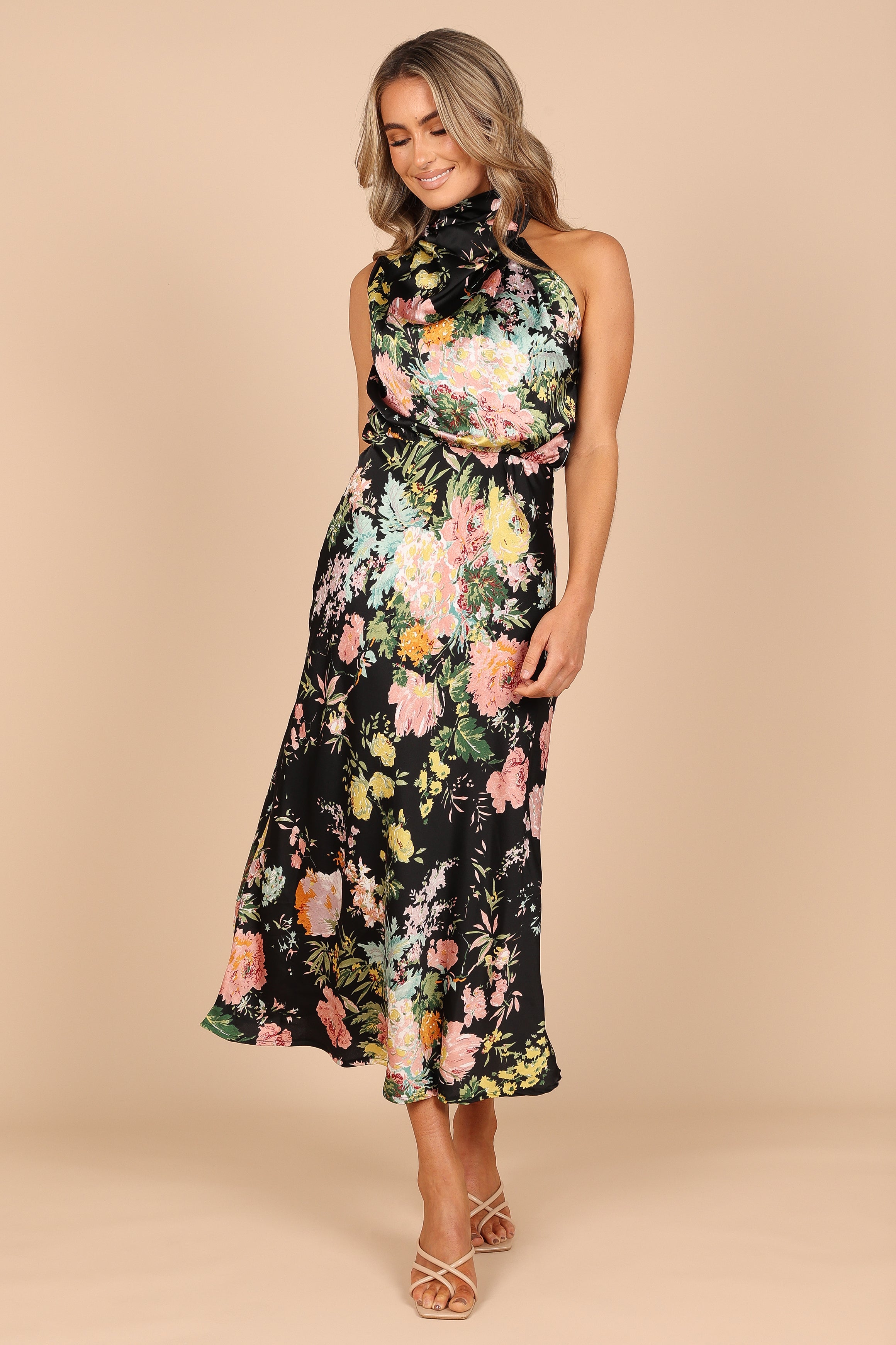 Anabelle Halter Neck Midi Dress - Black Floral