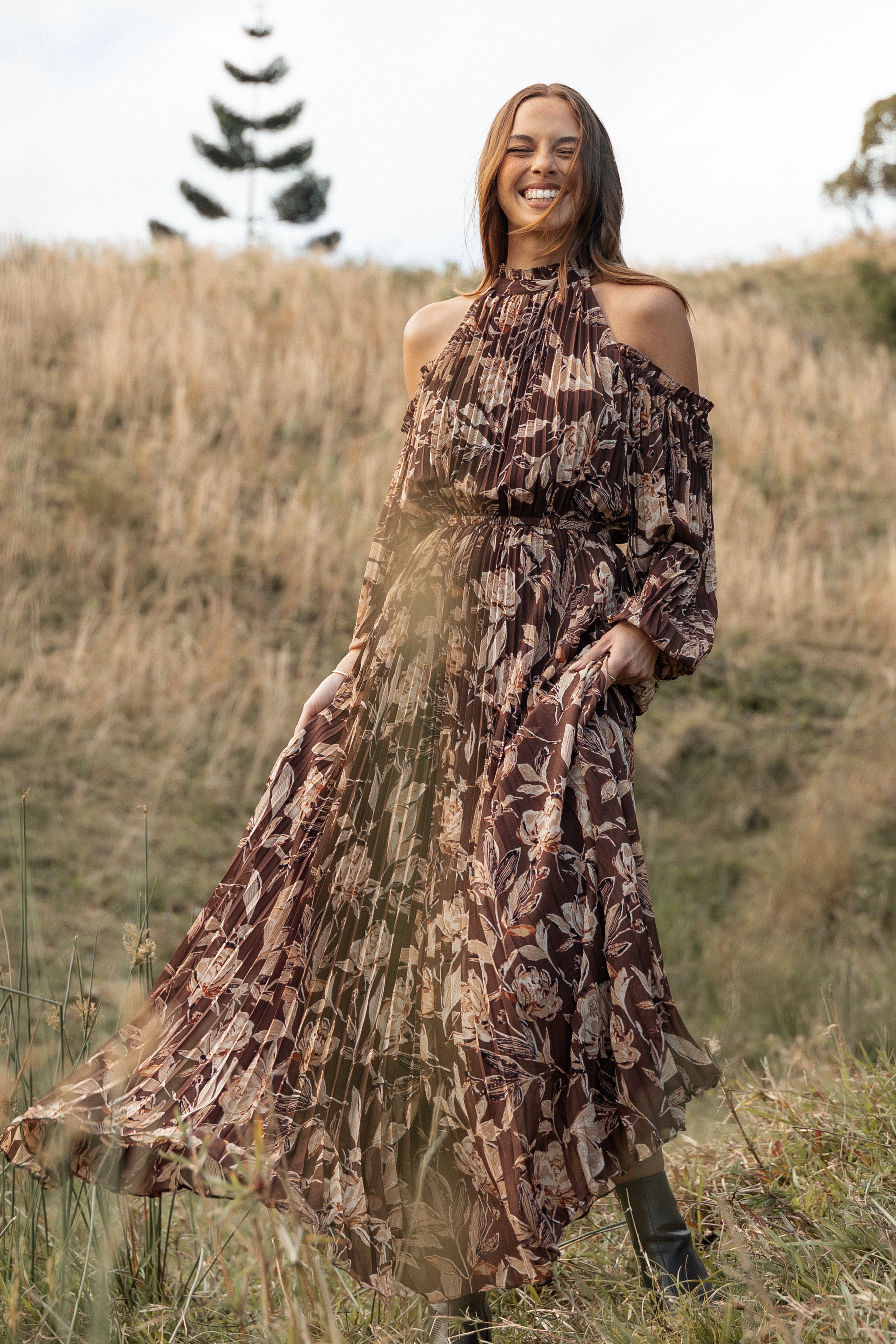 Hilary Pleated Maxi Dress - Brown Floral