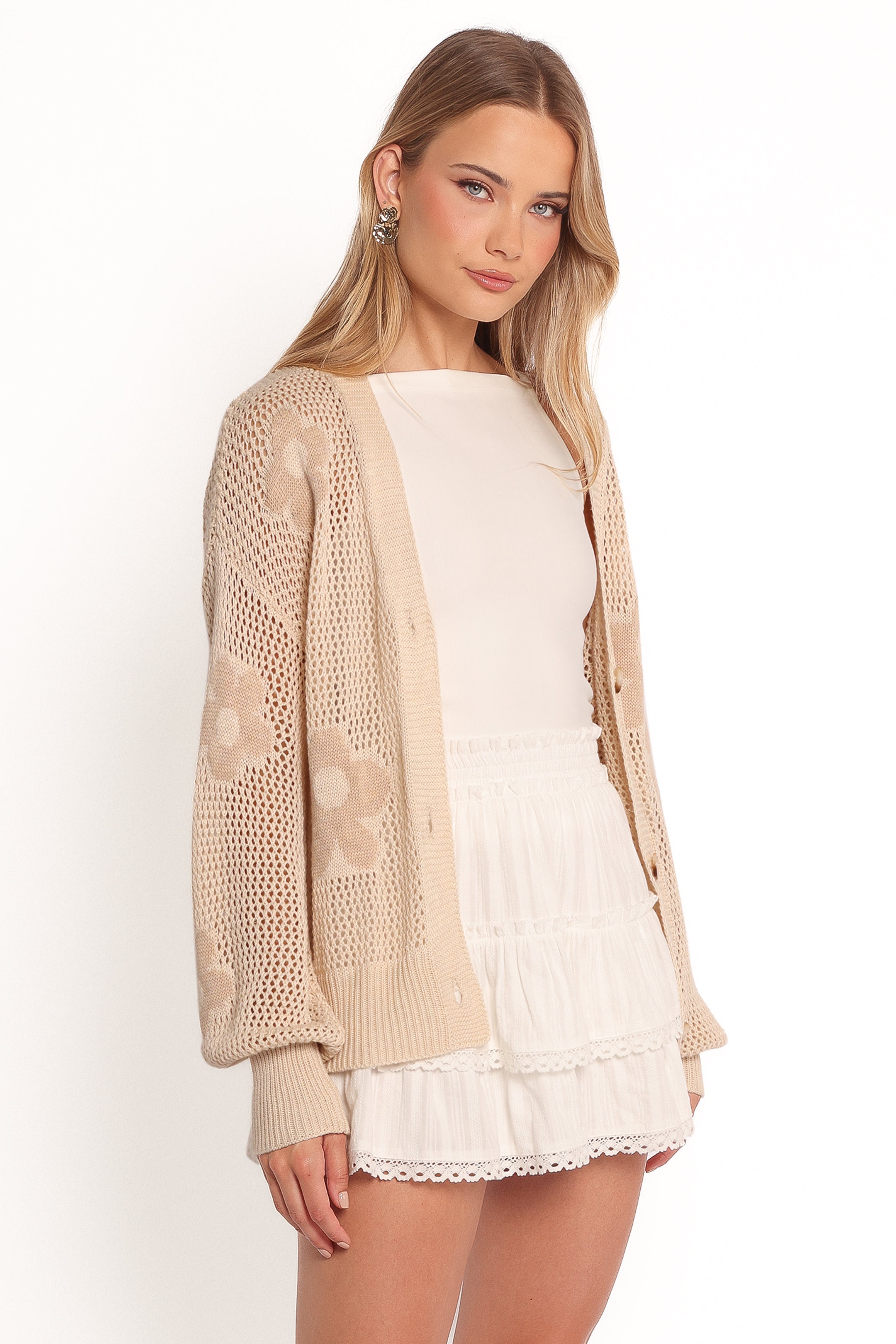 Winslow Open Knit Flower Cardigan - Tan