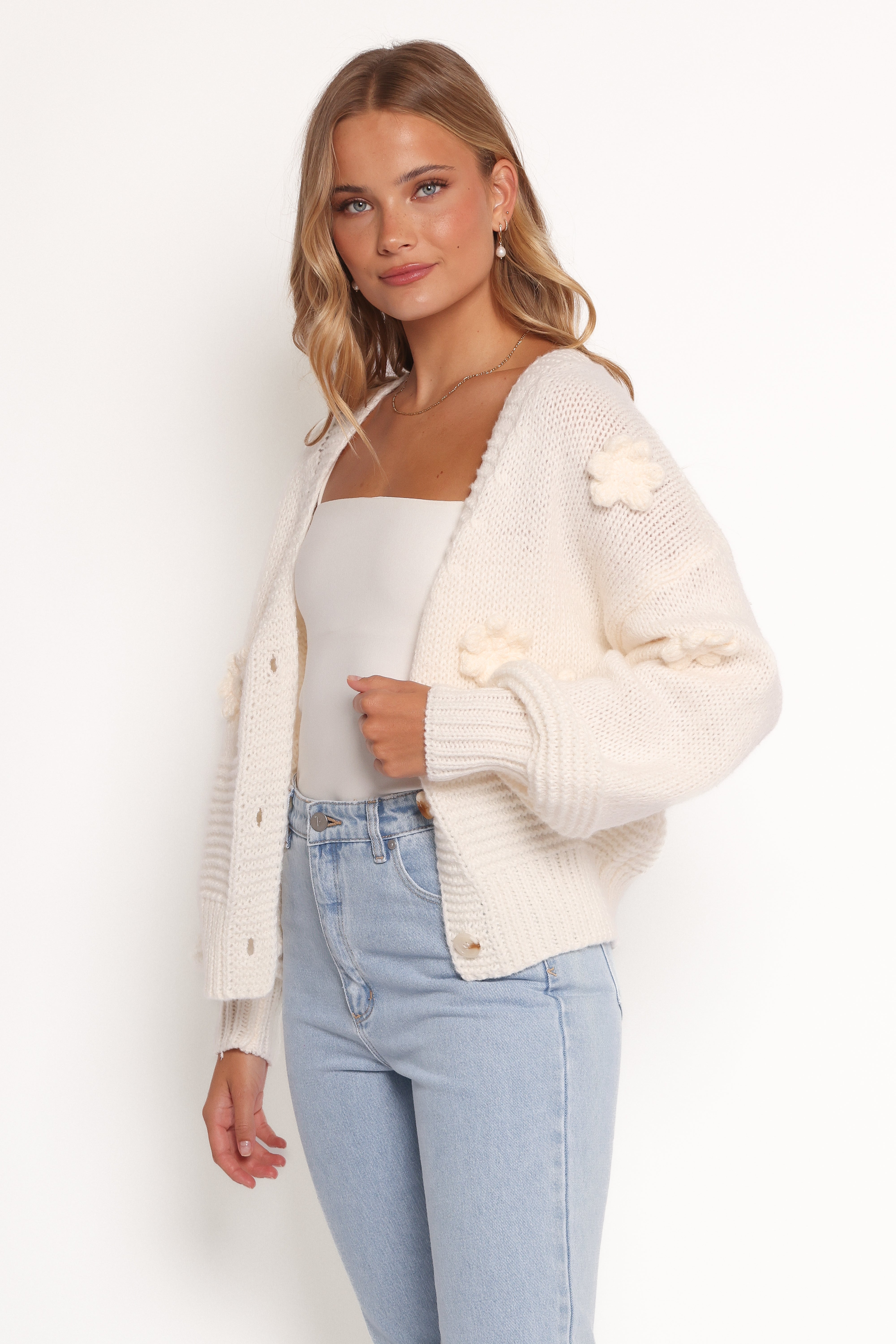 Harlee Flower Cardigan - White