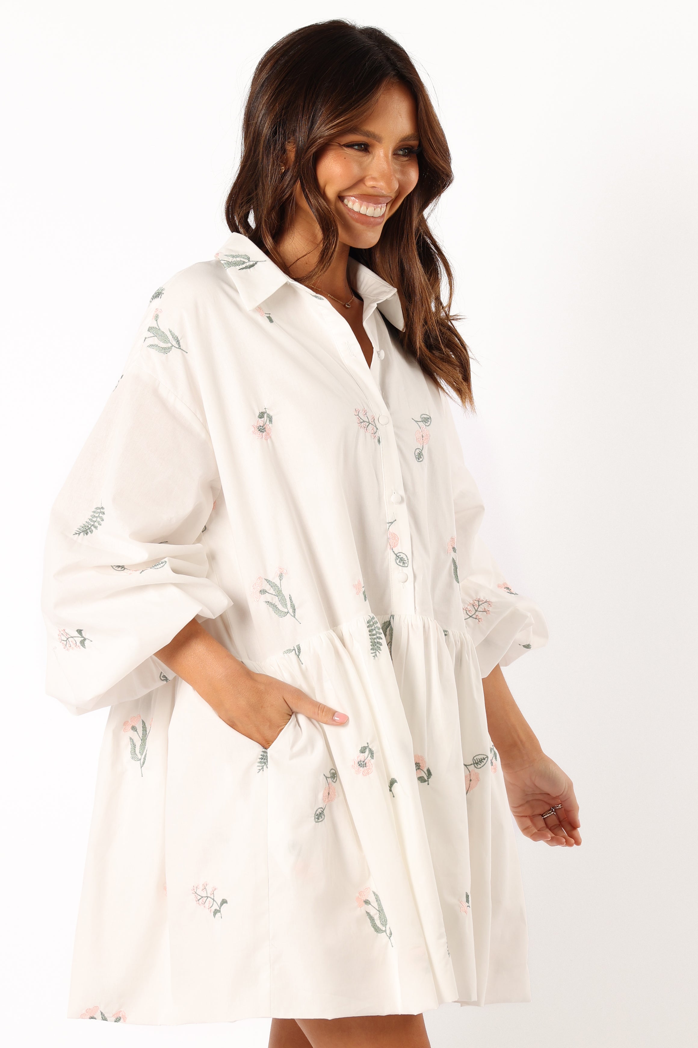 Daisy Long Sleeve Mini Dress - White Floral