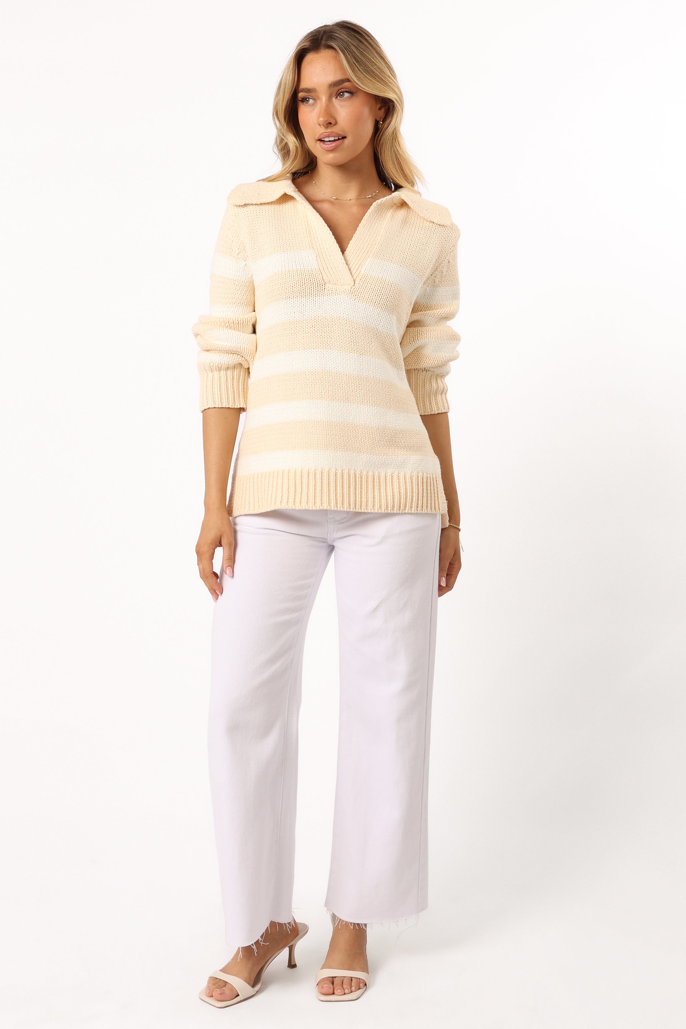 Shea Striped Collar Knit Sweater - Cream