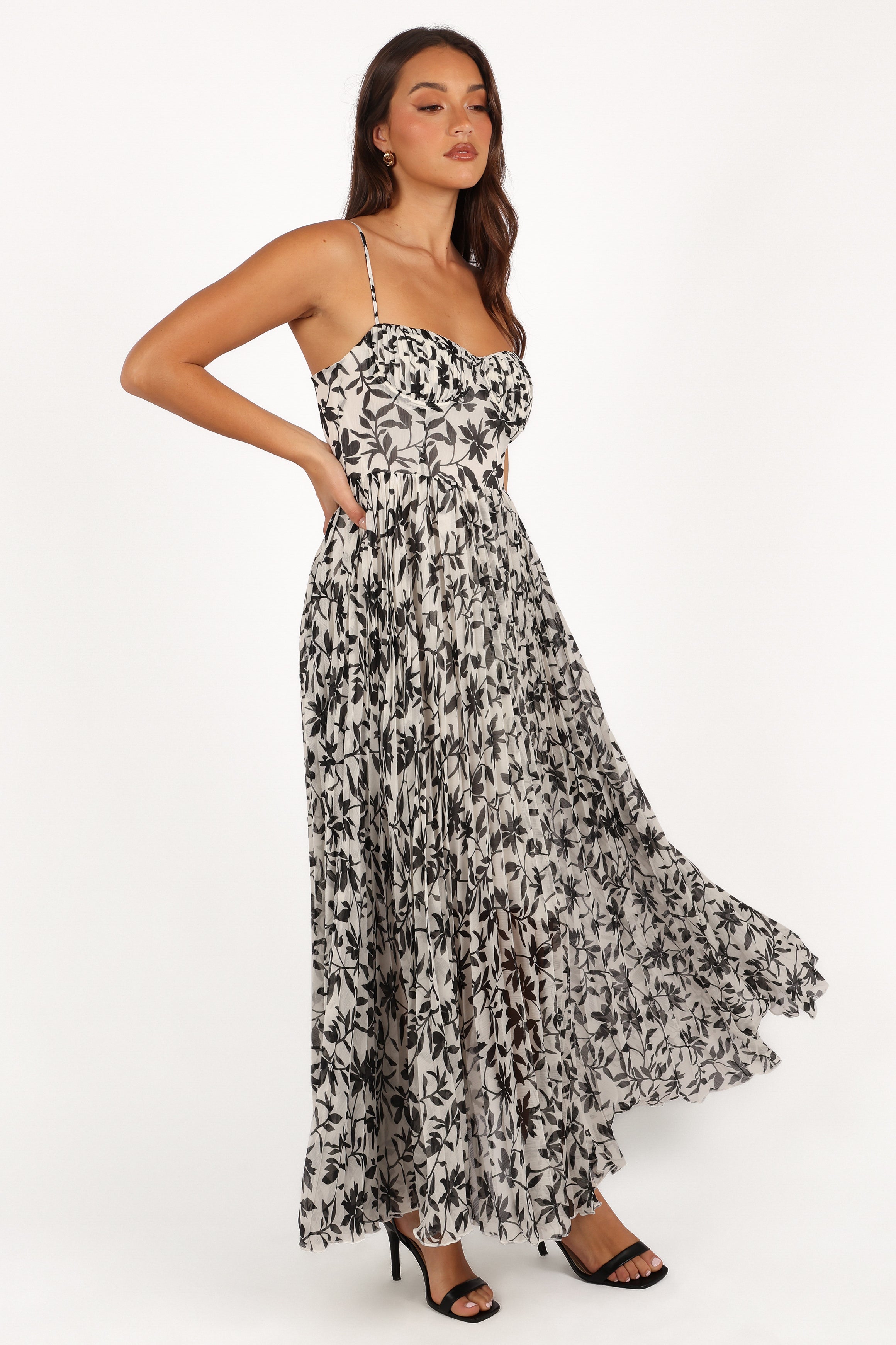 Achanti Pleated Maxi Dress - White Black Floral