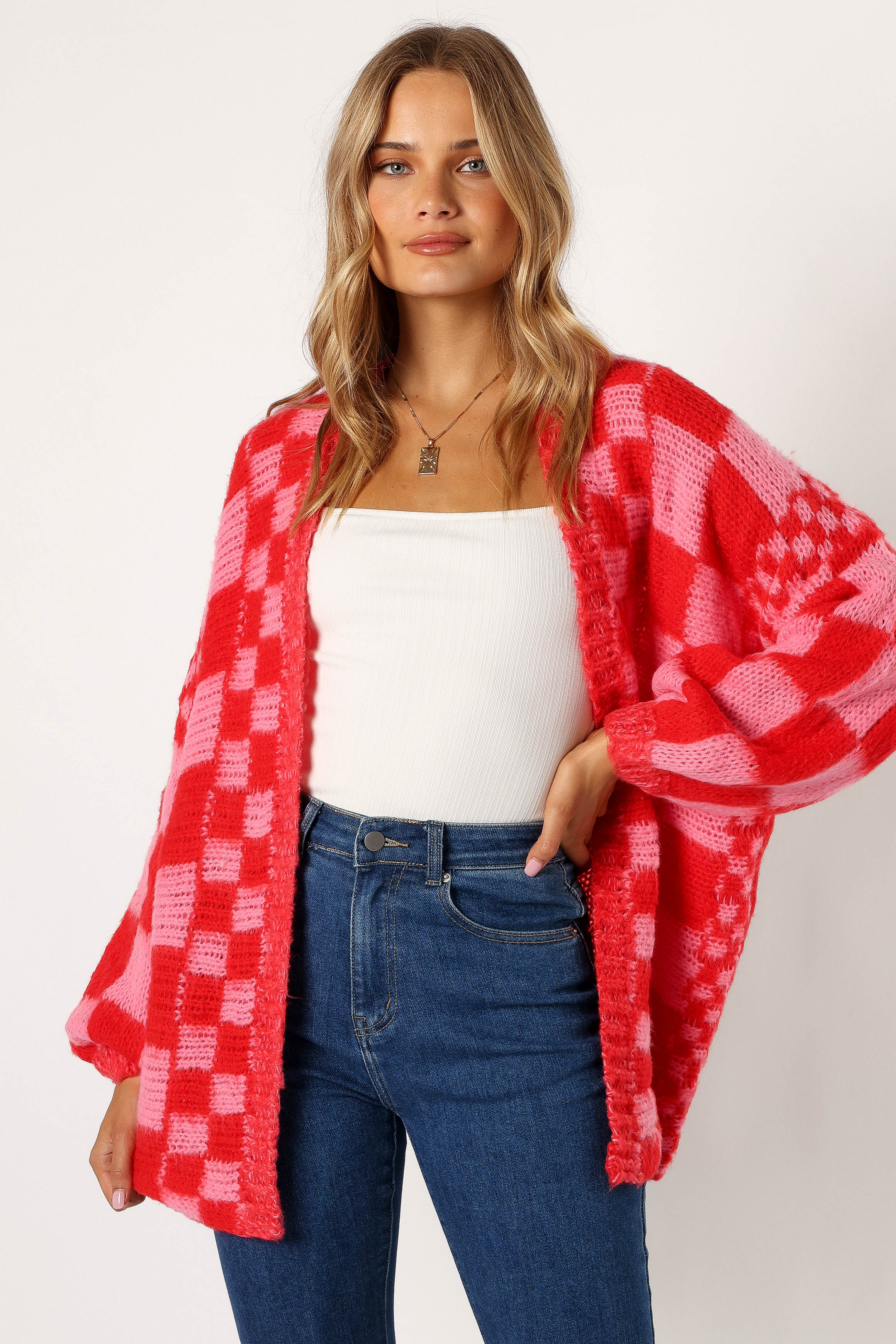 Davina Pattern Open Front Cardigan - Red/Pink