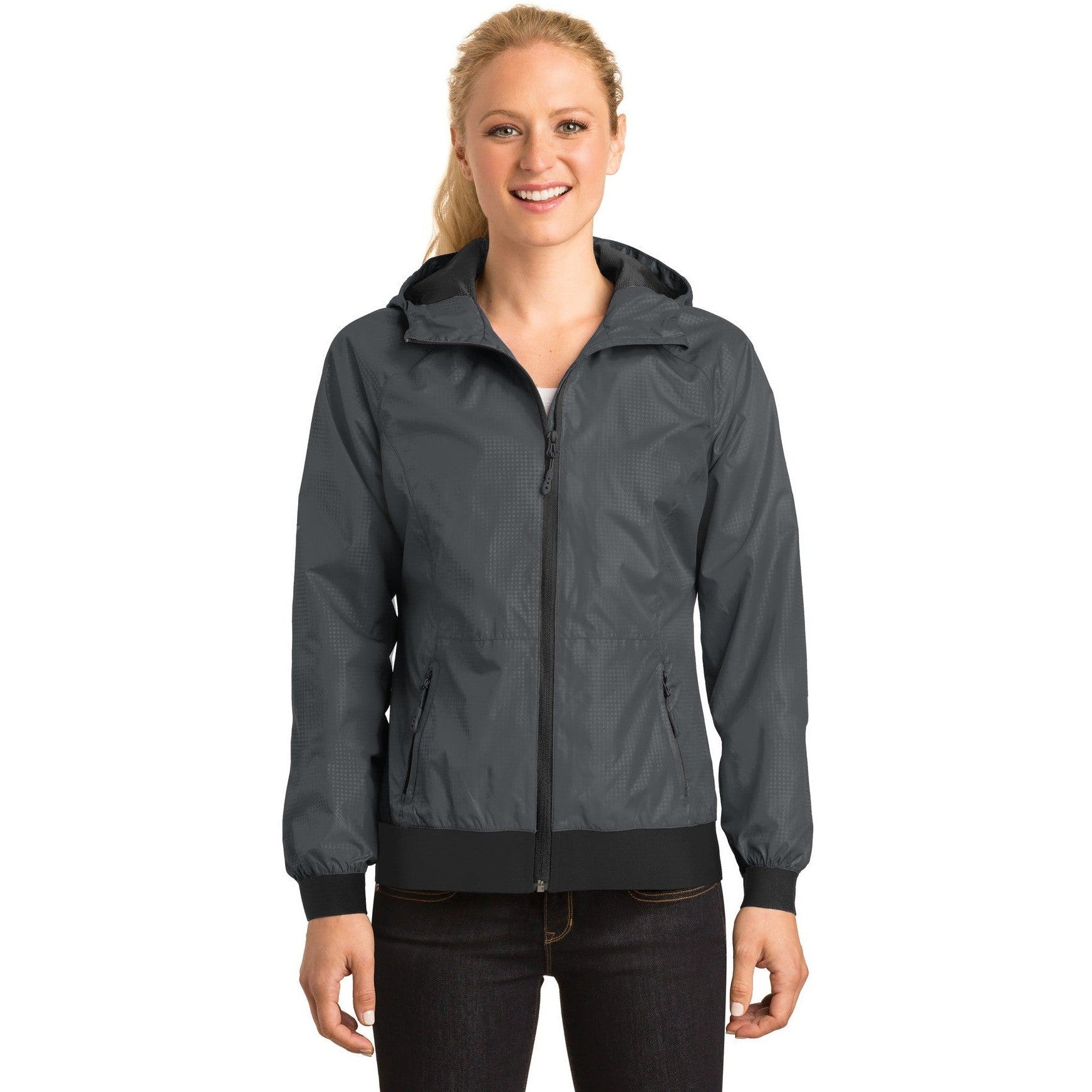 CLOSEOUT - Sport-Tek Ladies Embossed Hooded Wind Jacket