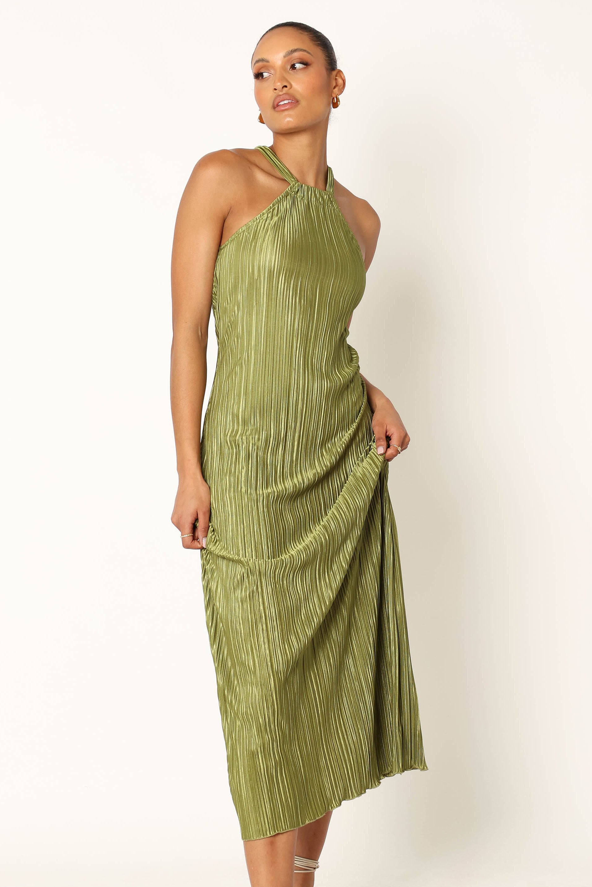 Melody Plisse Halter Maxi Dress - Olive