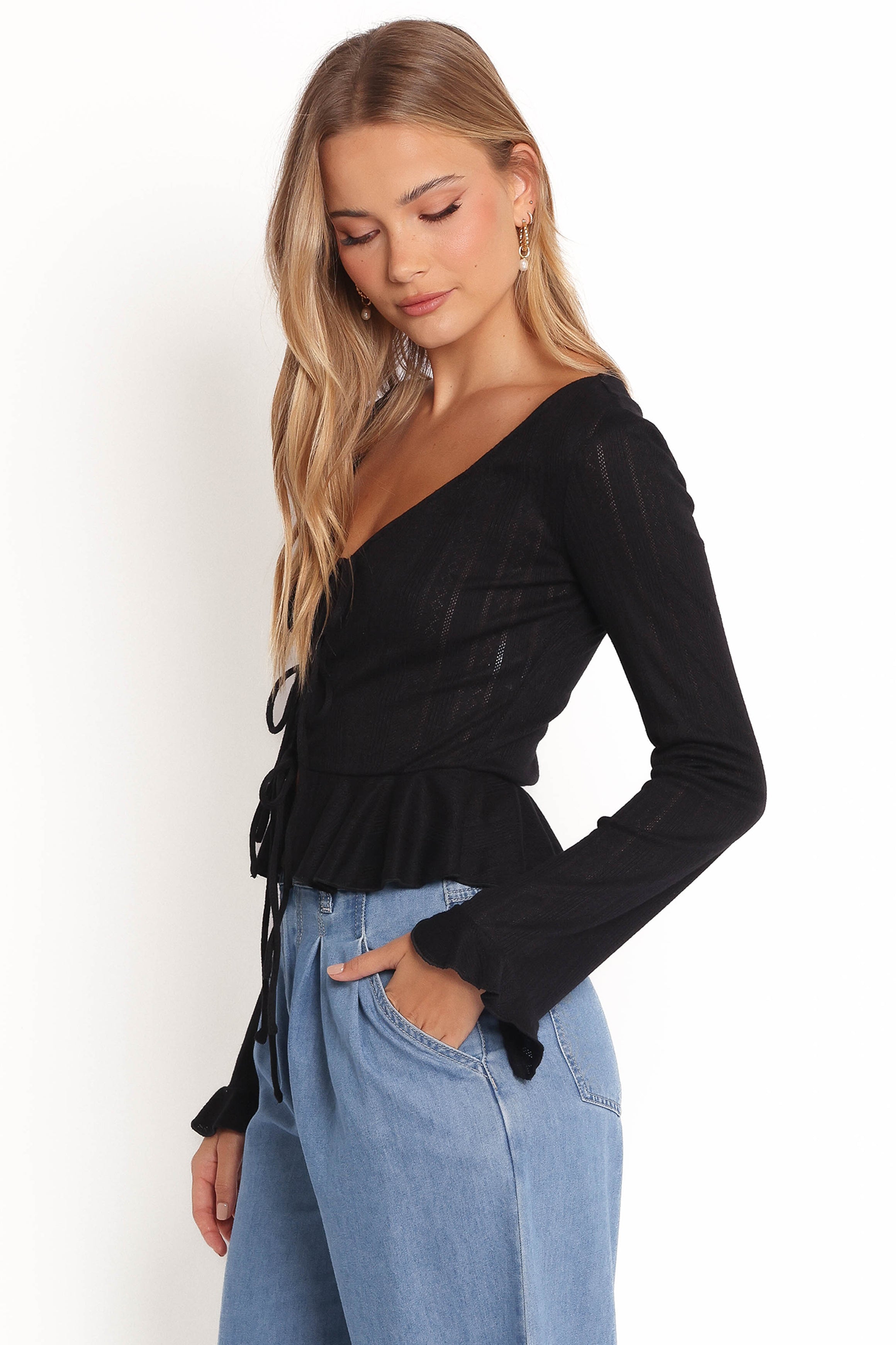 Islah Pointelle Cardigan Top - Black