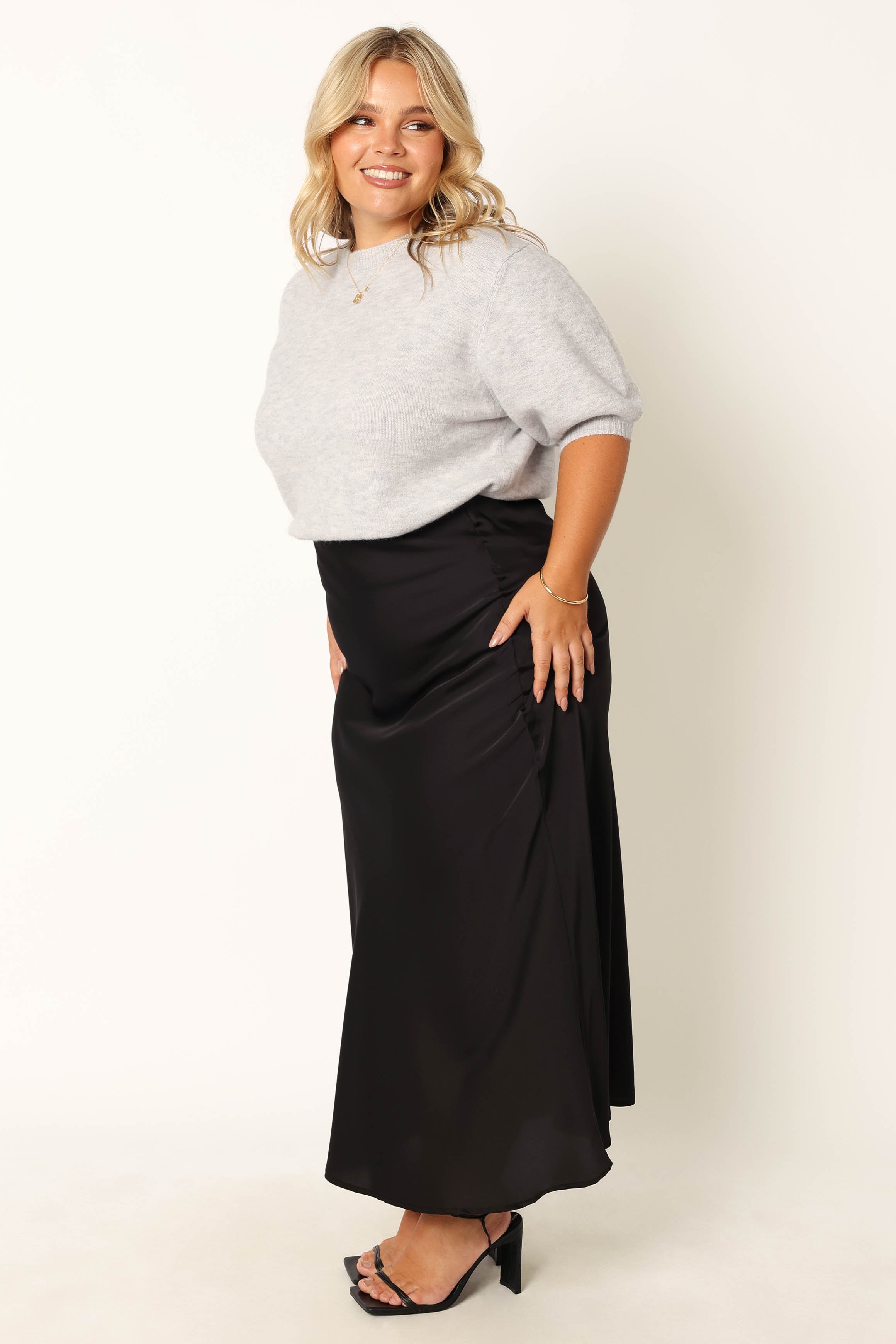 Nellie Satin Midi Skirt - Black