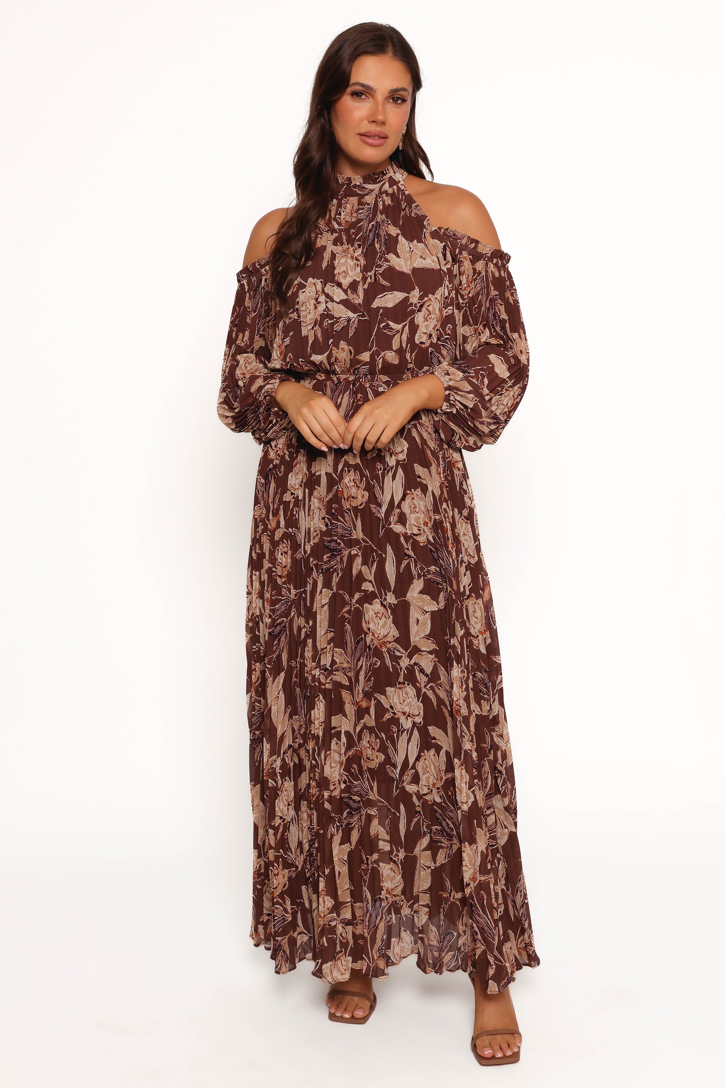 Hilary Pleated Maxi Dress - Brown Floral