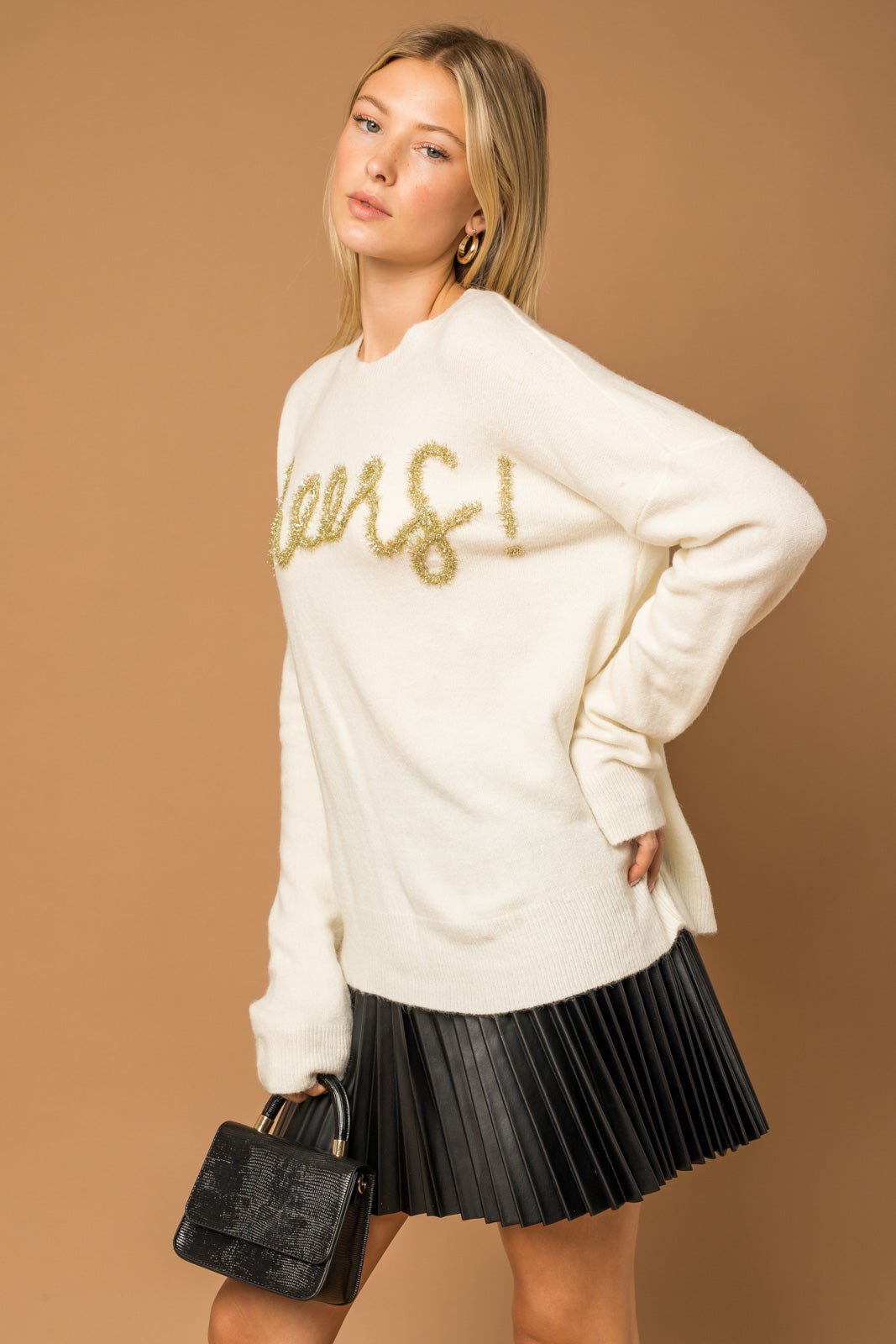 Poppy Cursive Cheer Knit Sweater - White