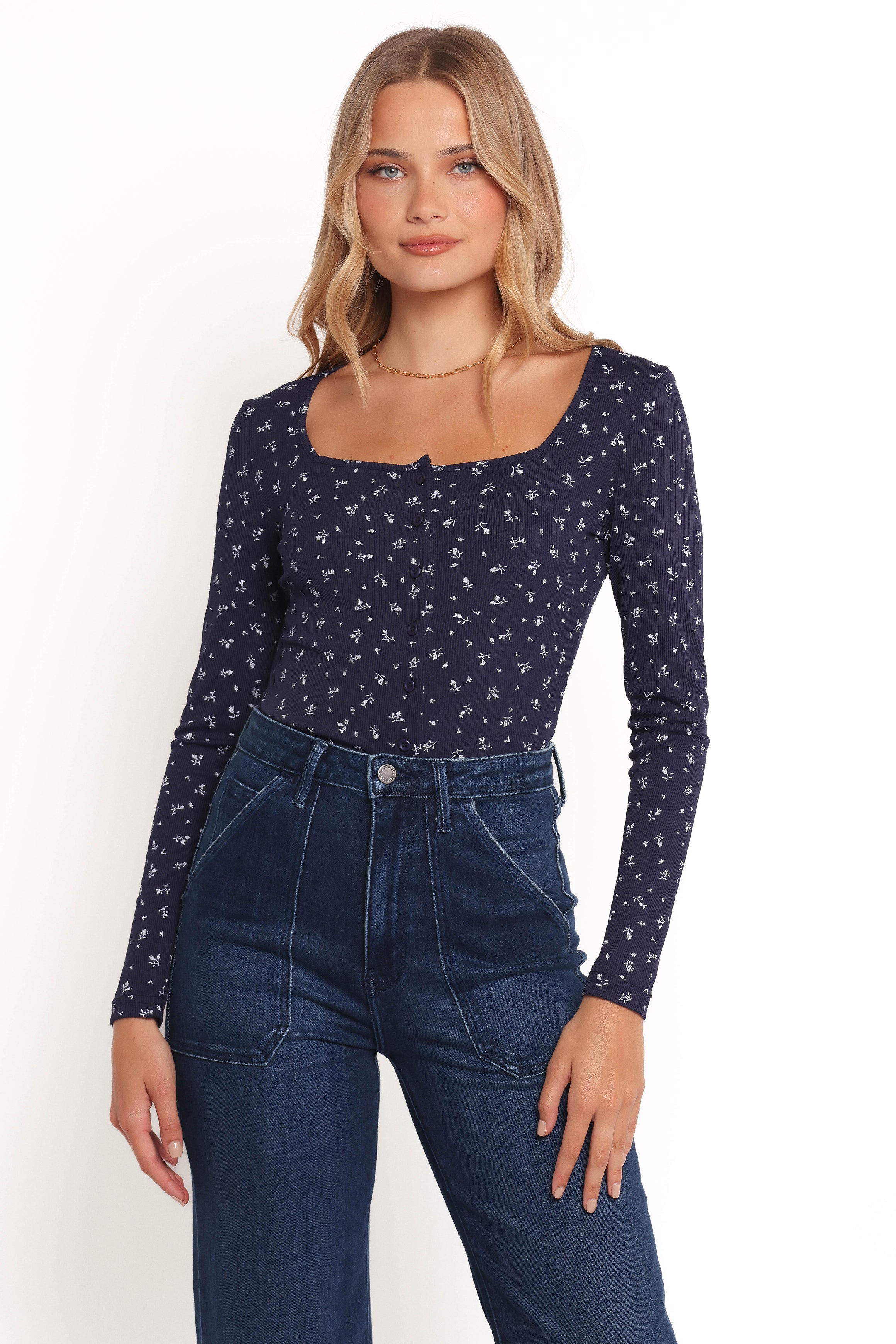 Keanu Long Sleeve Top - Navy Ditsy