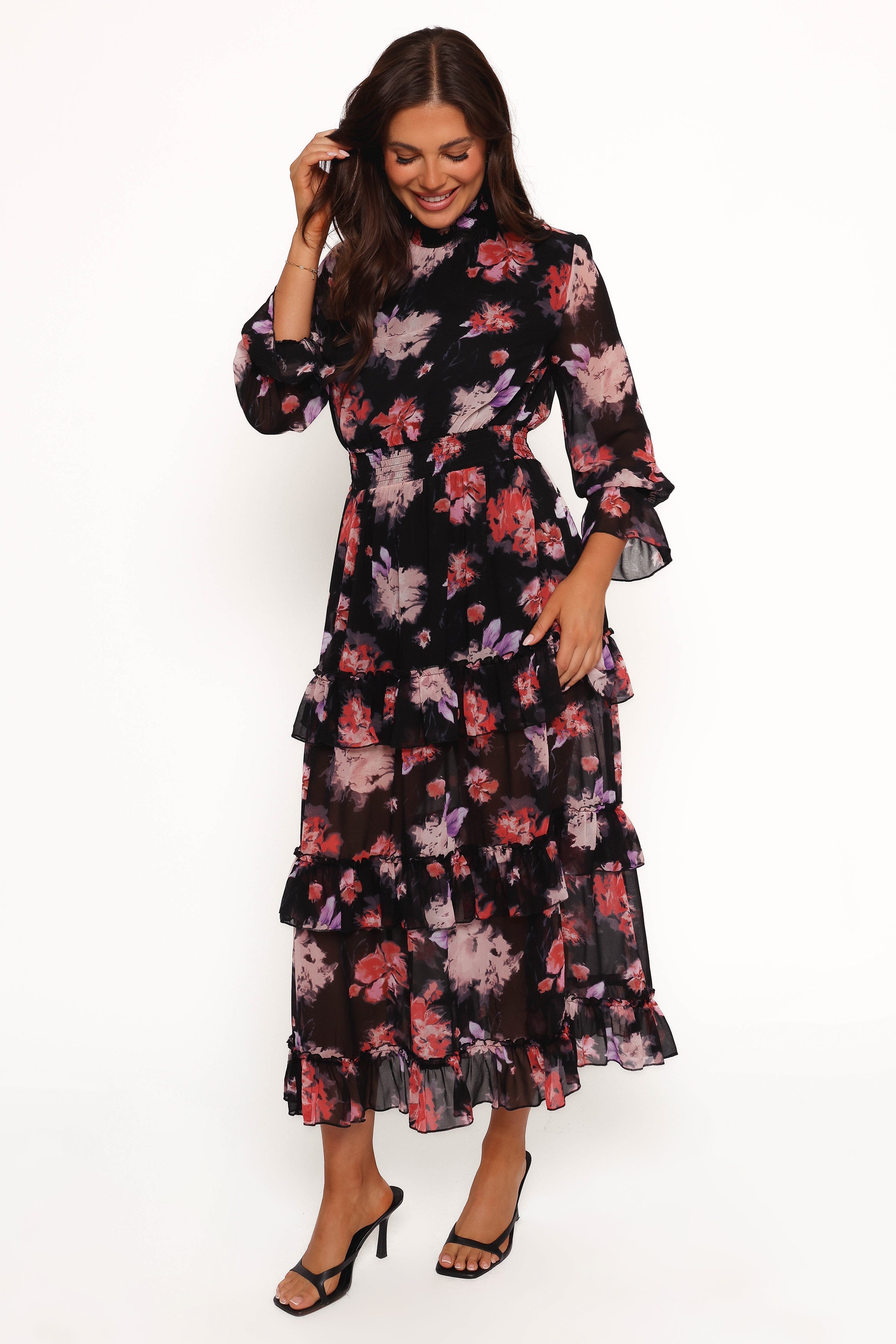 Isadora Long Sleeve Maxi Dress - Black Blurred Floral