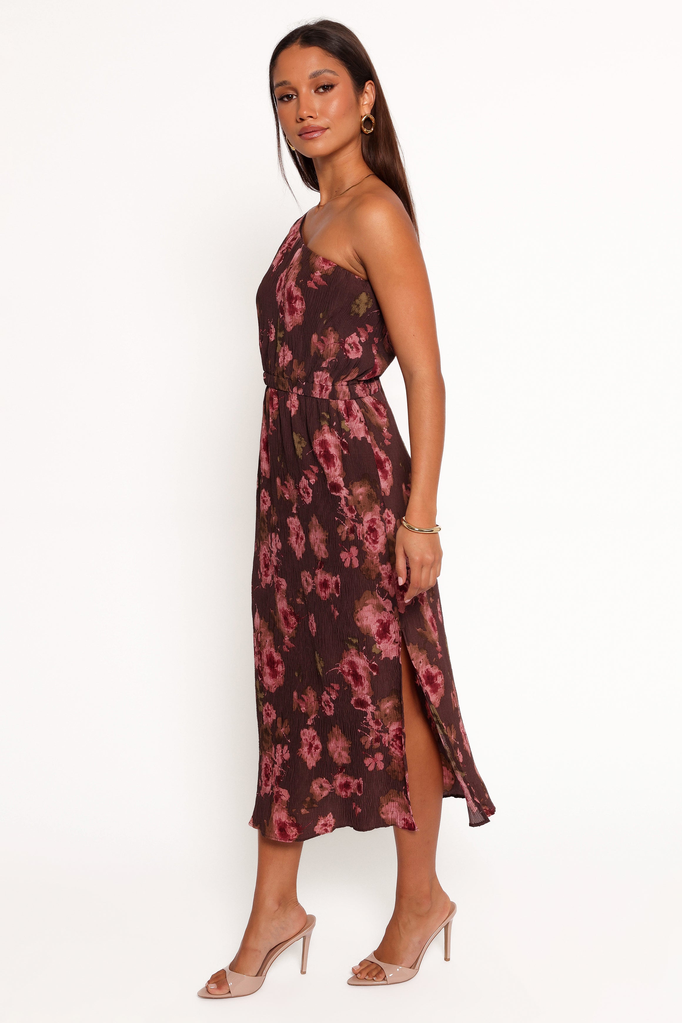 Pontee One Shoulder Pleated Midi Dress - Chocolate Brown