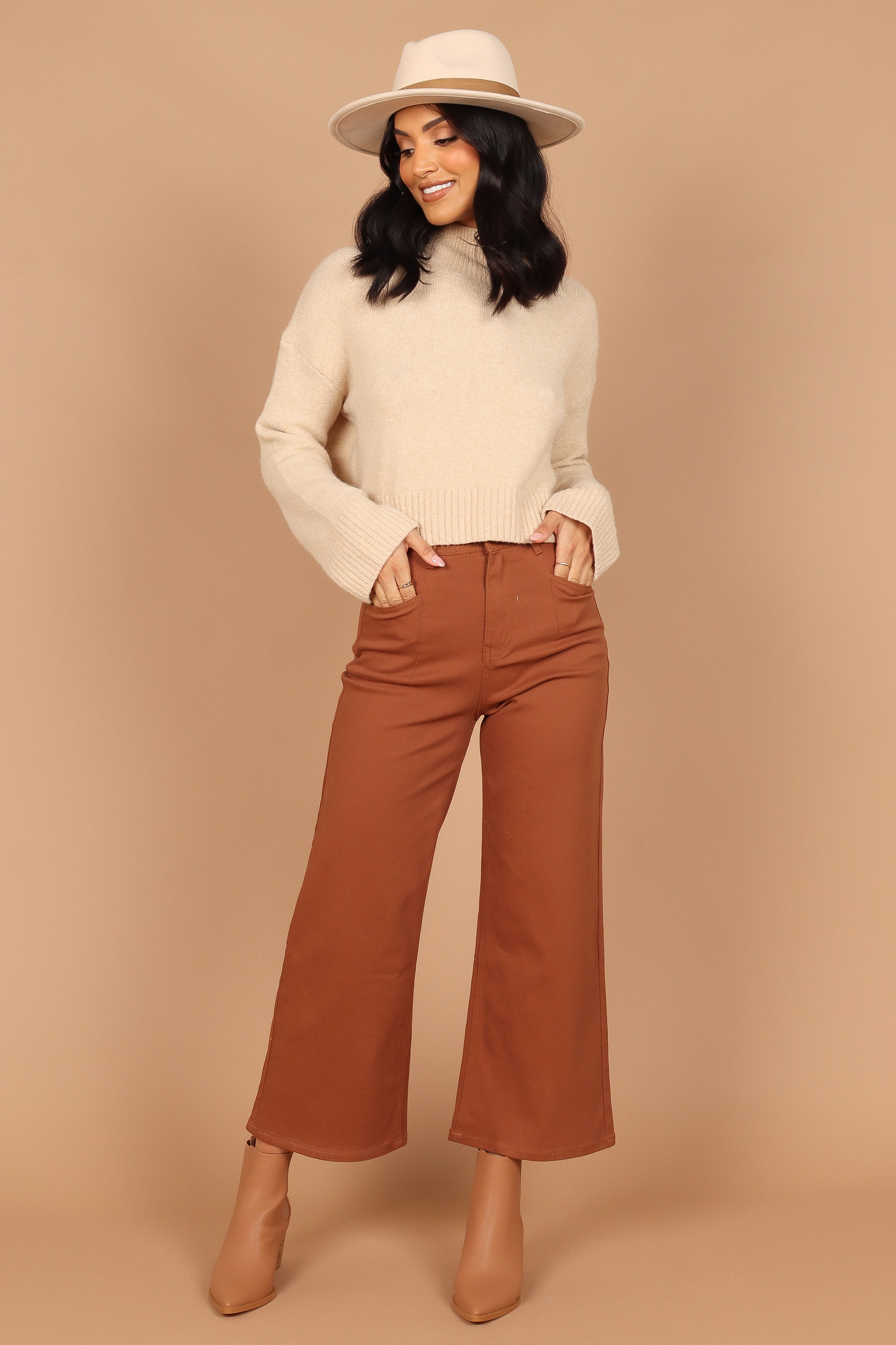 Georgette High Waisted Straight Leg Pants - Brown