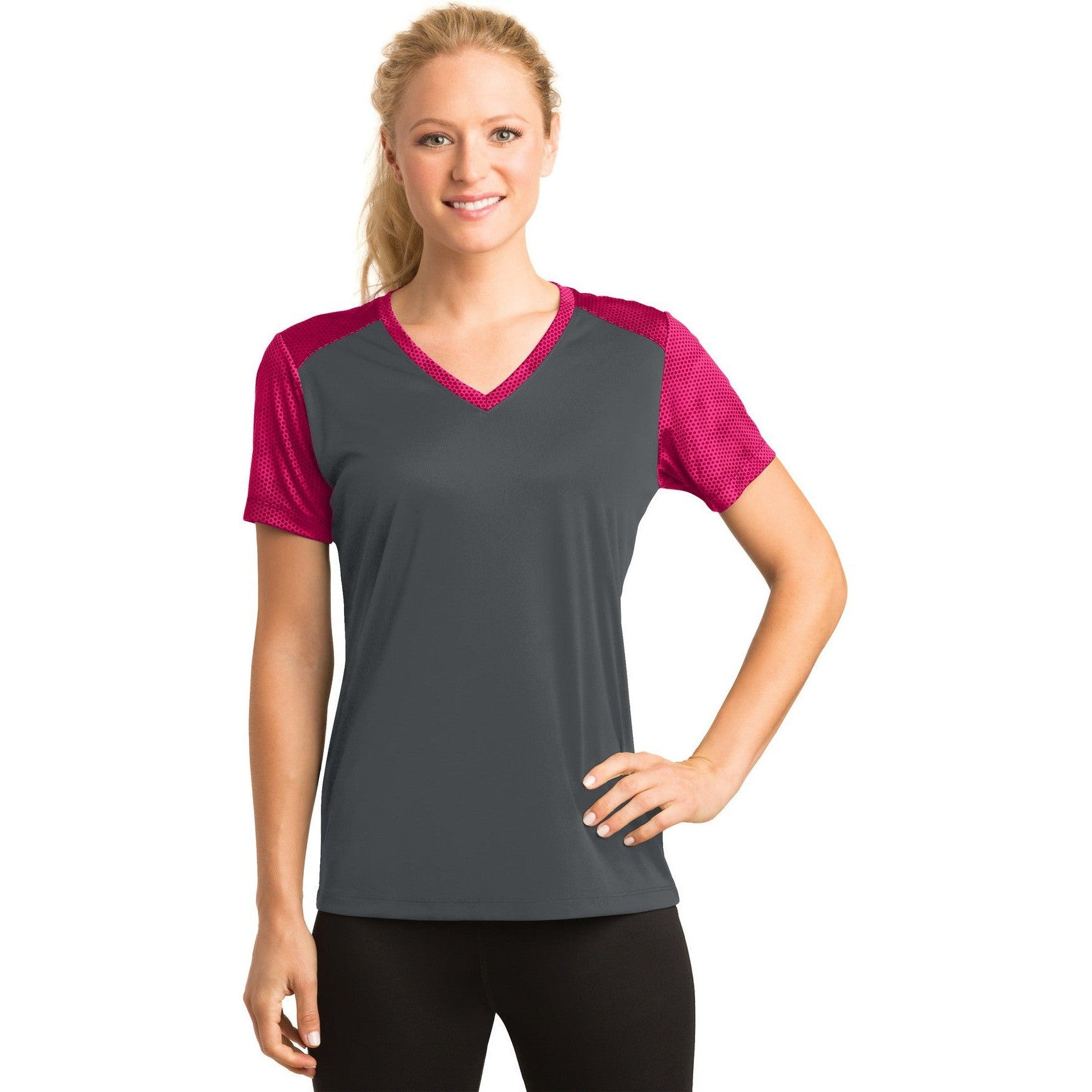 CLOSEOUT - Sport-Tek Ladies CamoHex Colorblock V-Neck Tee