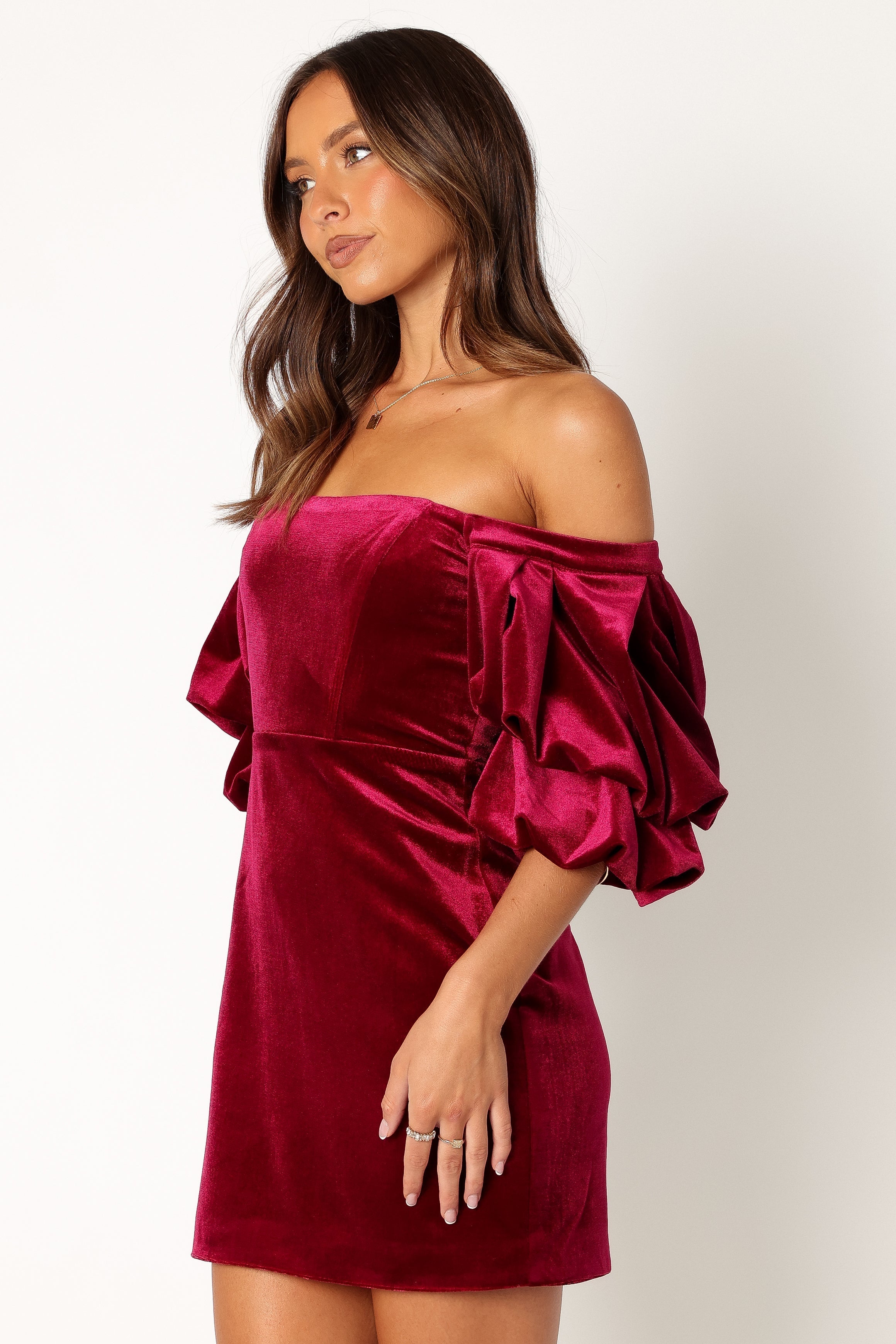 Dali Off Shoulder Velvet Mini Dress - Ruby