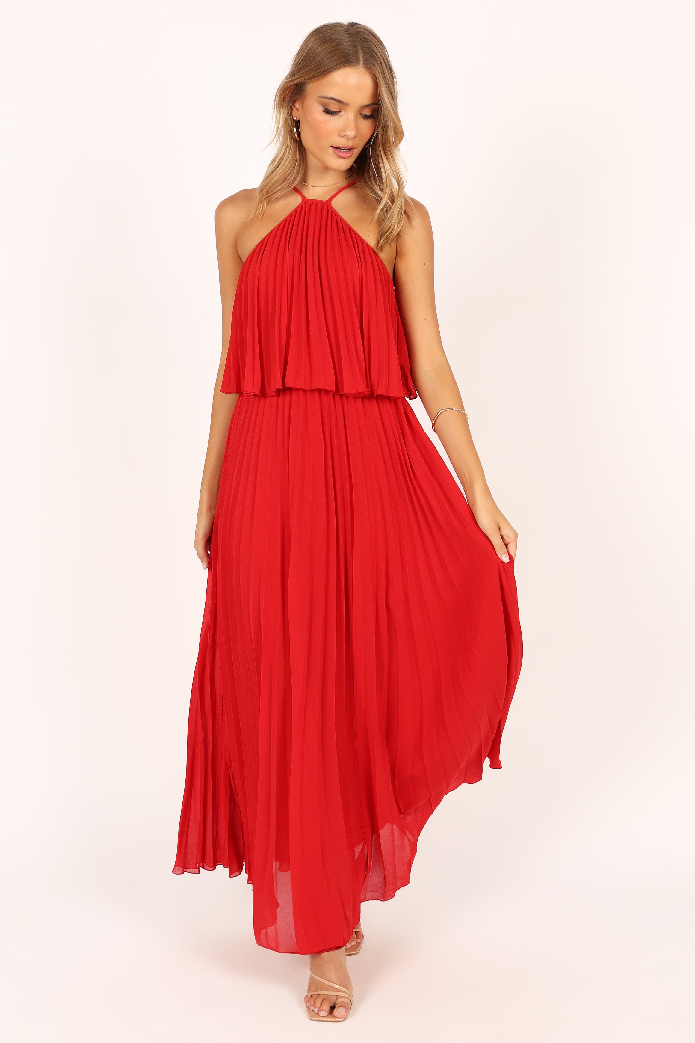 Gia Pleated Halterneck Maxi Dress - Red