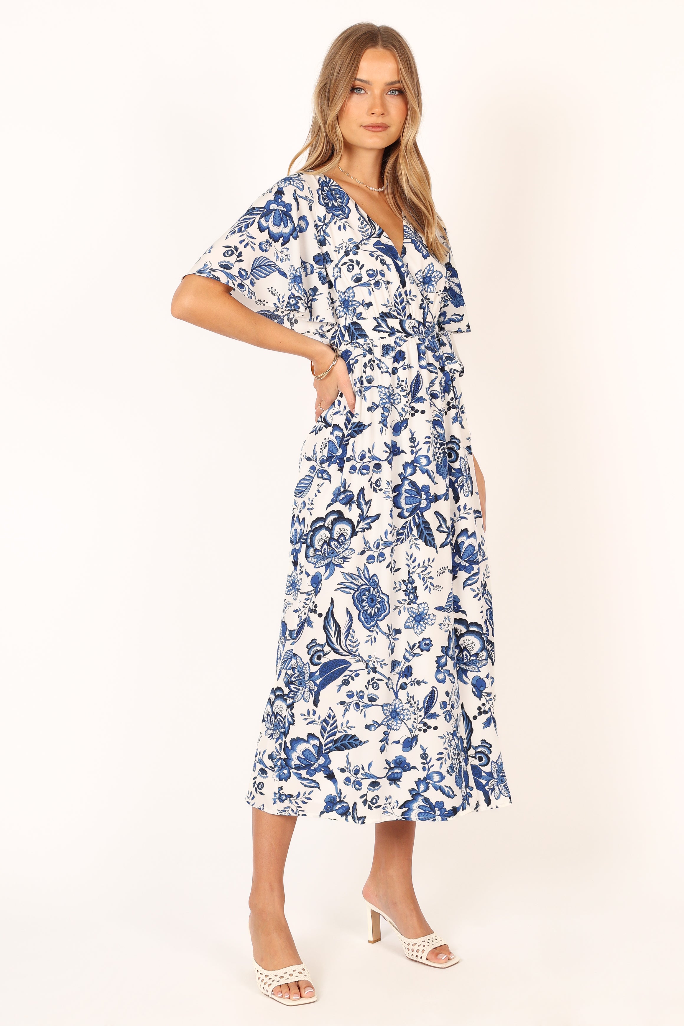 Kaleen Midi Wrap Dress - White Blue