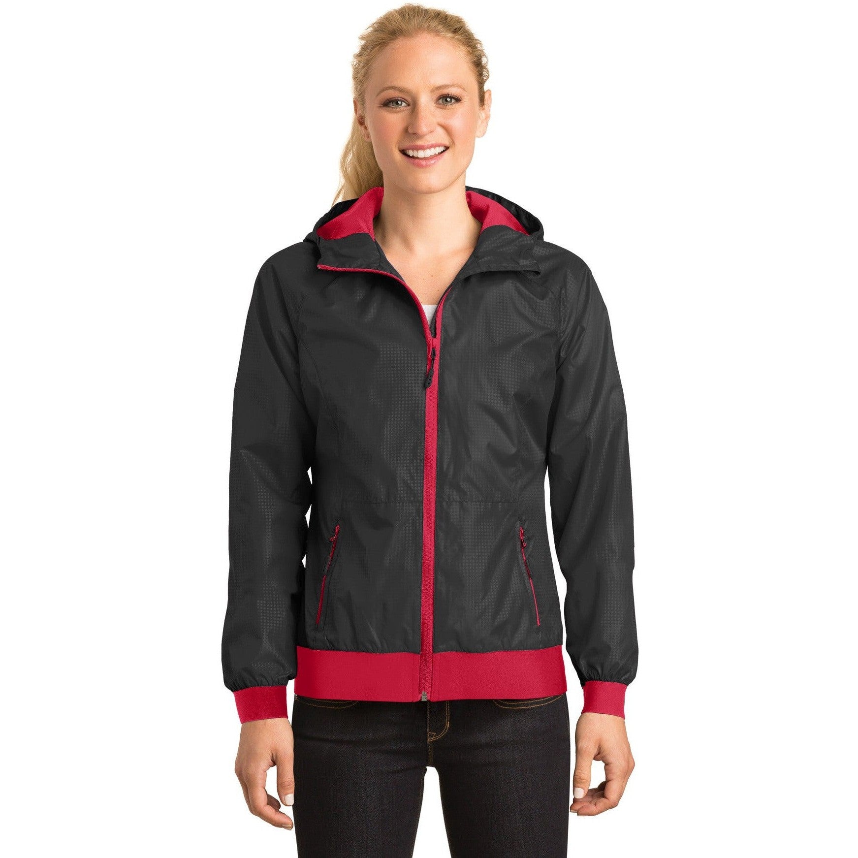 CLOSEOUT - Sport-Tek Ladies Embossed Hooded Wind Jacket