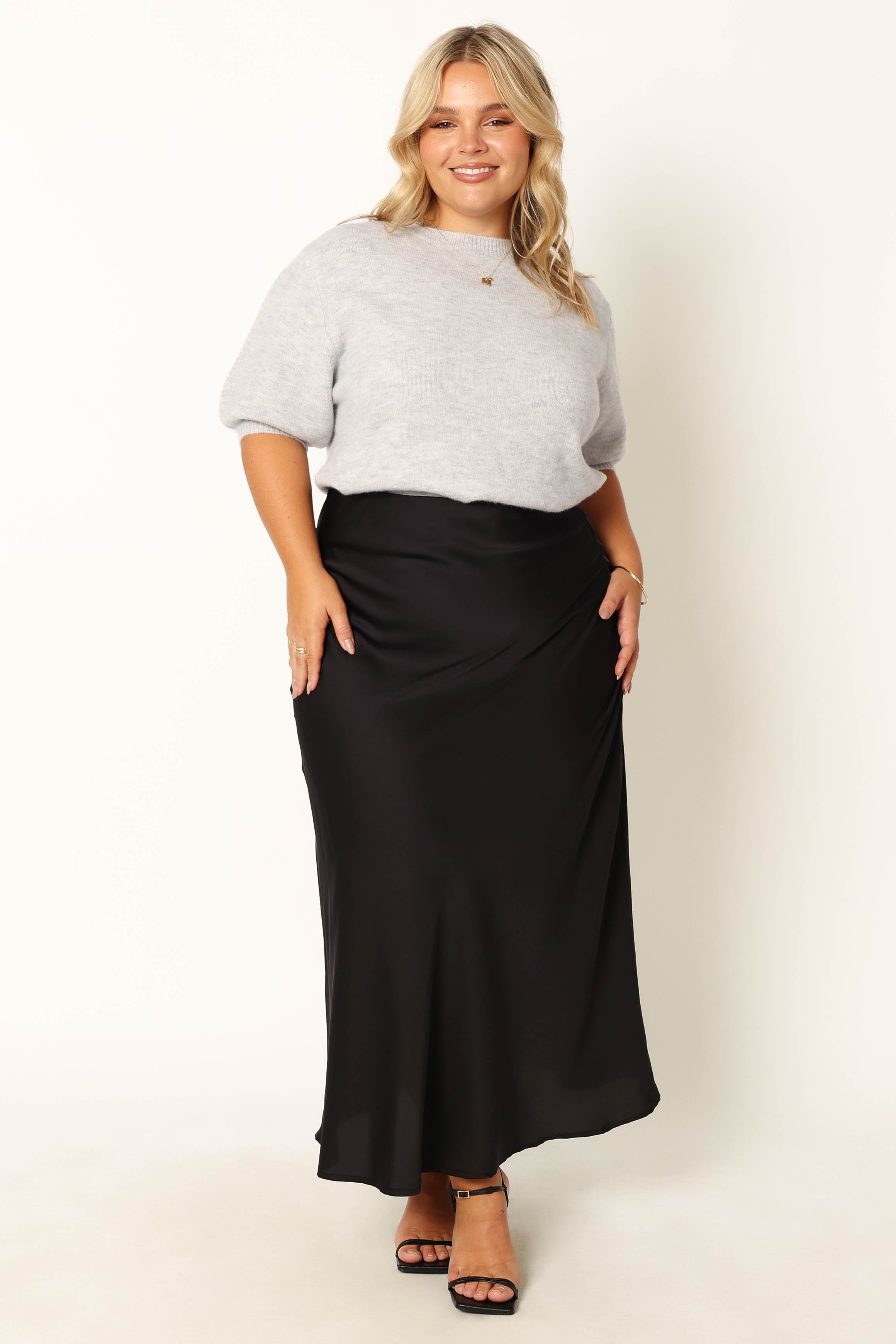 Nellie Satin Midi Skirt - Black