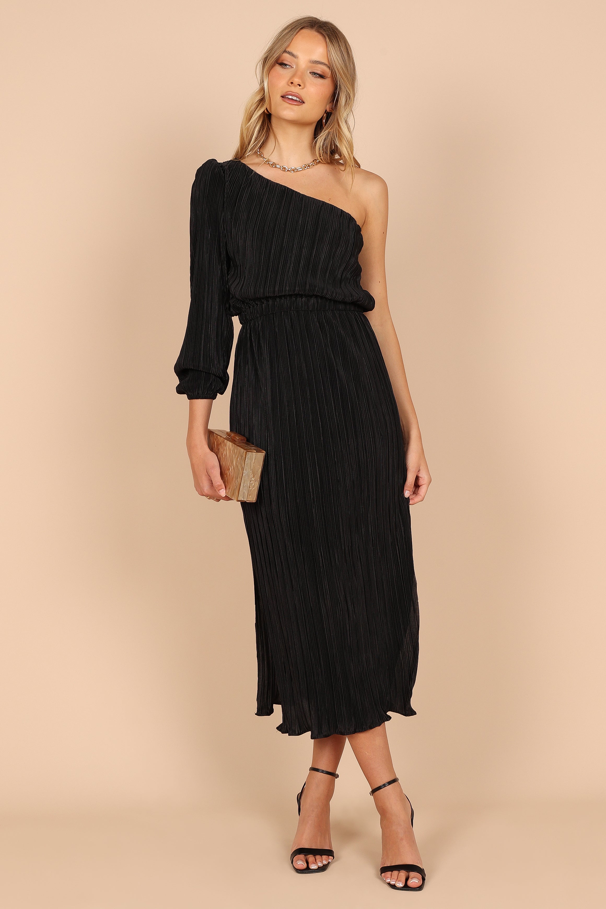 Pontee One Shoulder Pleated Midi Dress - Black