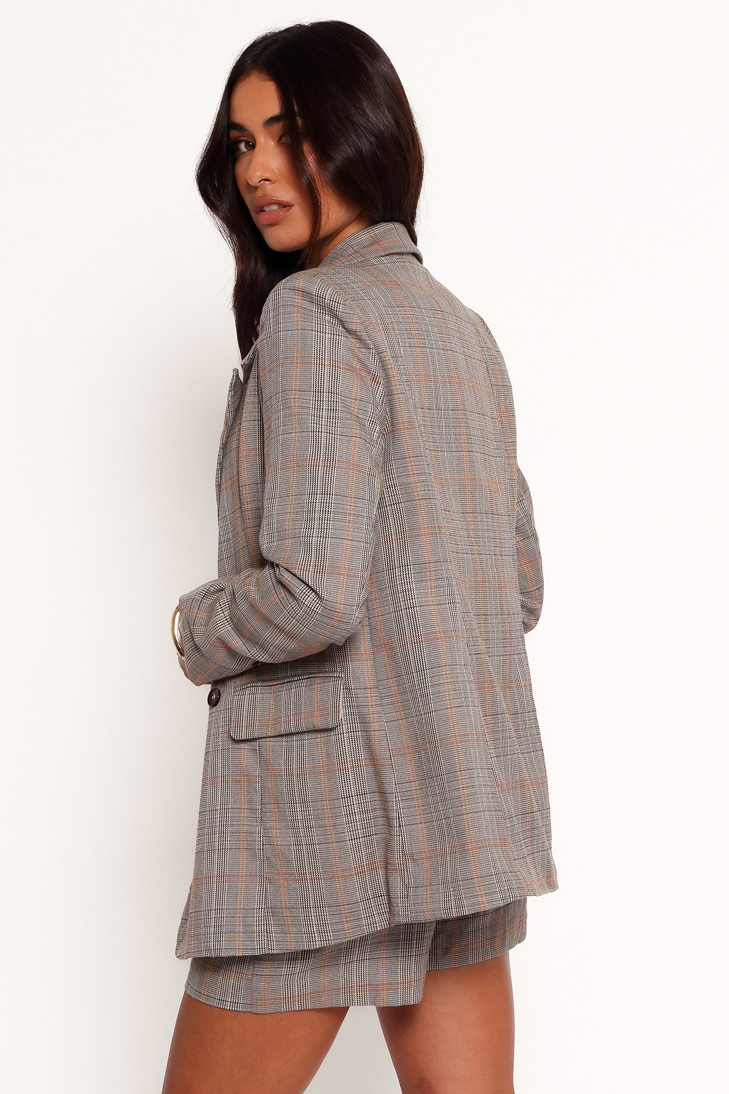 Lesia Double Button Fitted Plaid Blazer - Taupe Multi