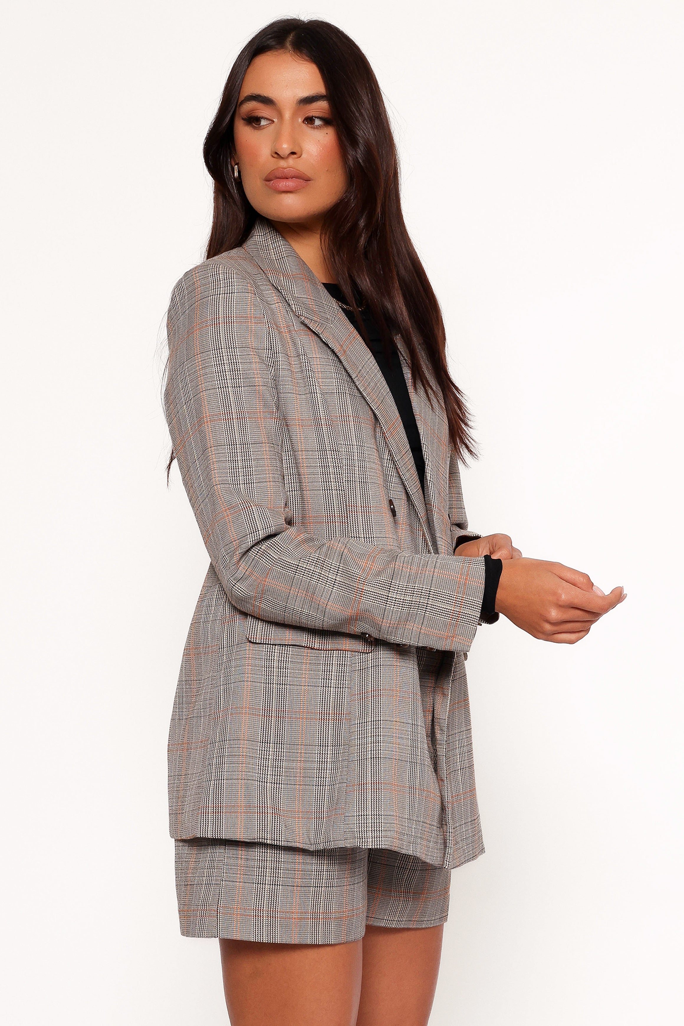 Lesia Double Button Fitted Plaid Blazer - Taupe Multi