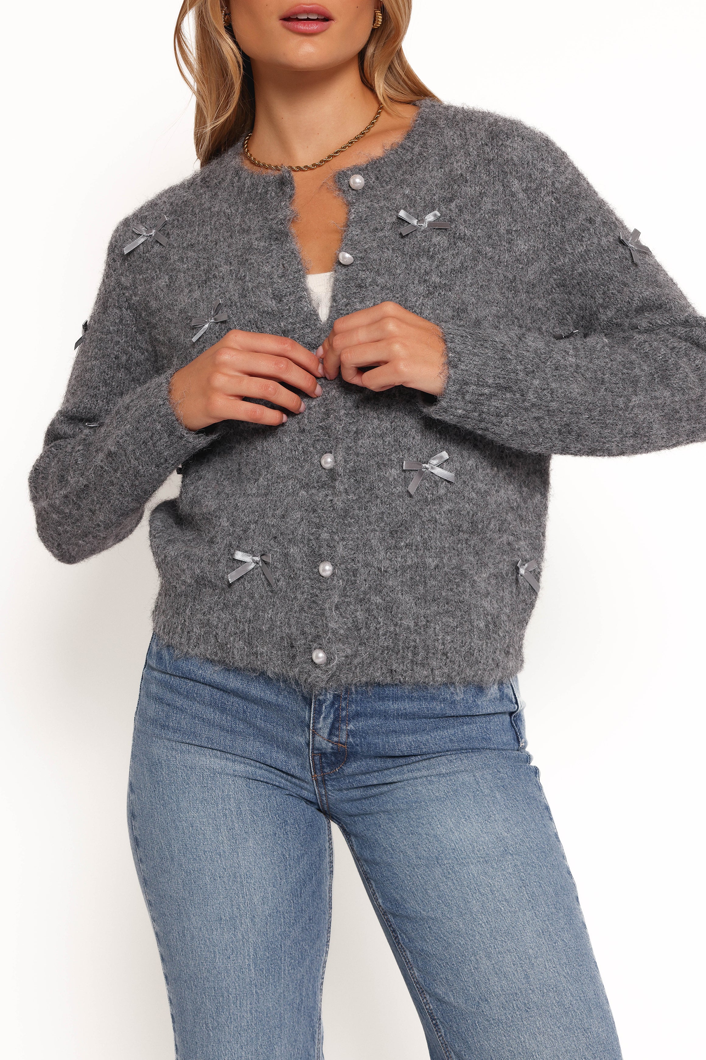 Mellie All Over Bow Button Front Cardigan - Grey