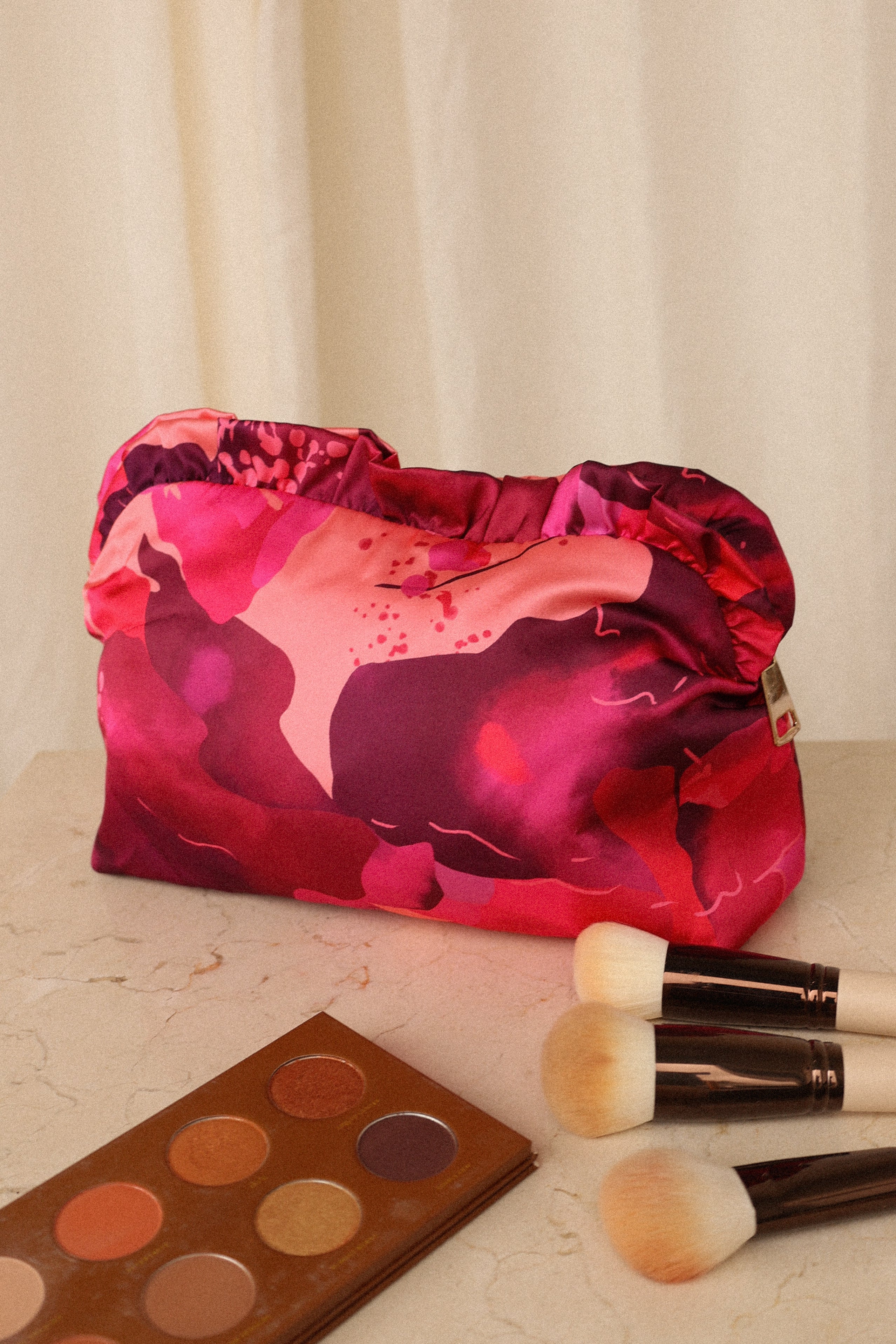 Large Satin Floral Ruffle Pouch - Floral