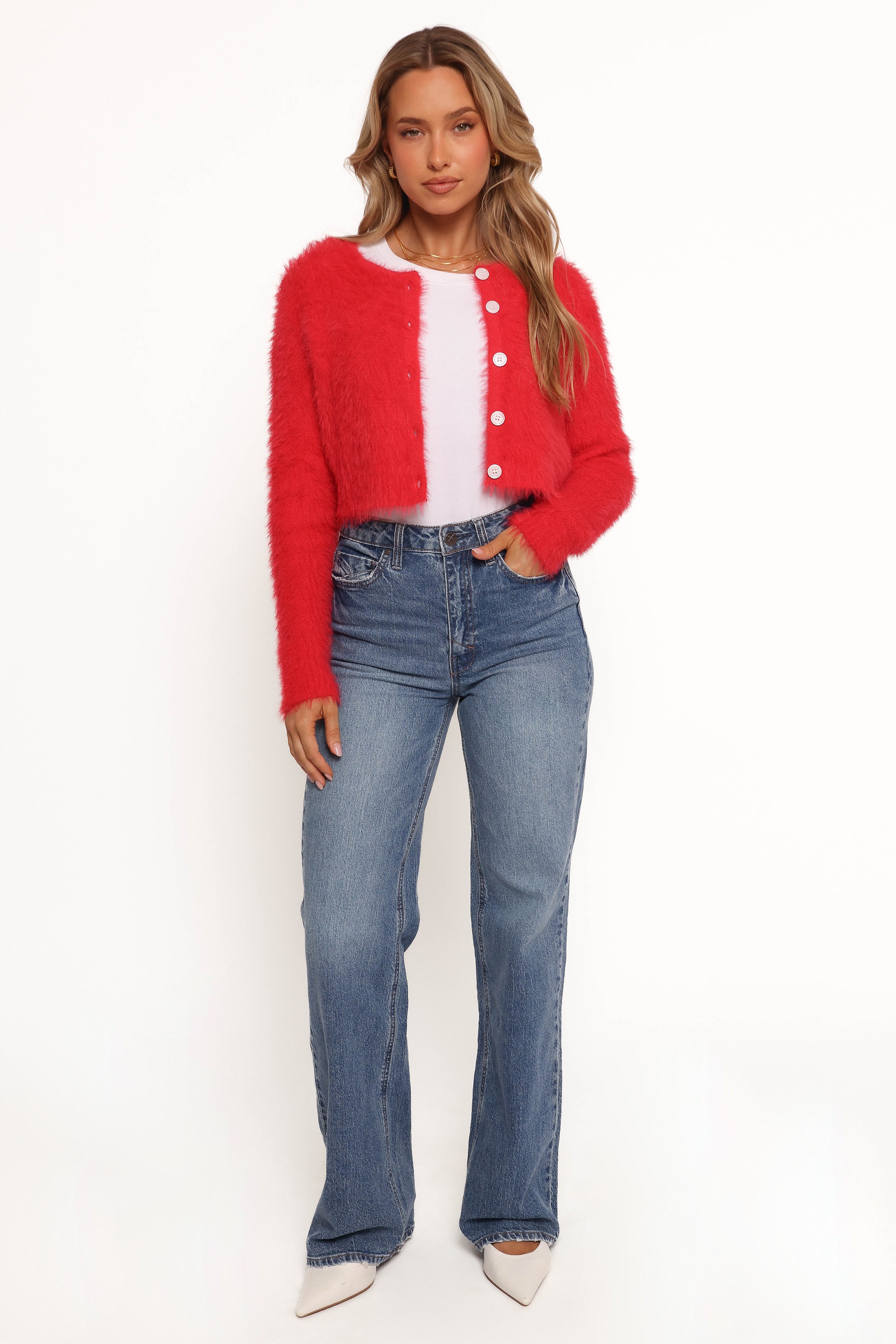 Tavan Crop Button Front Cardigan - Red