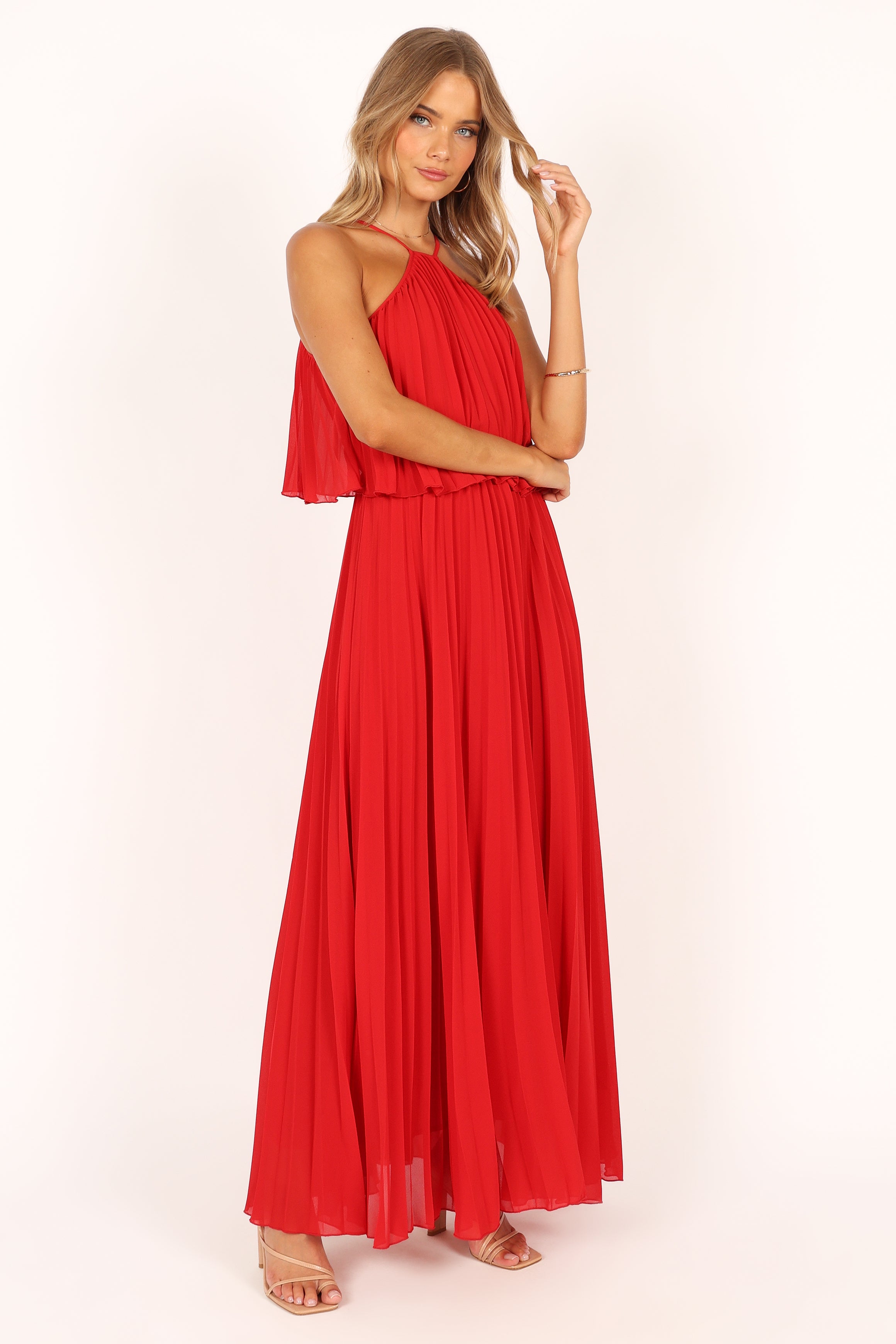 Gia Pleated Halterneck Maxi Dress - Red