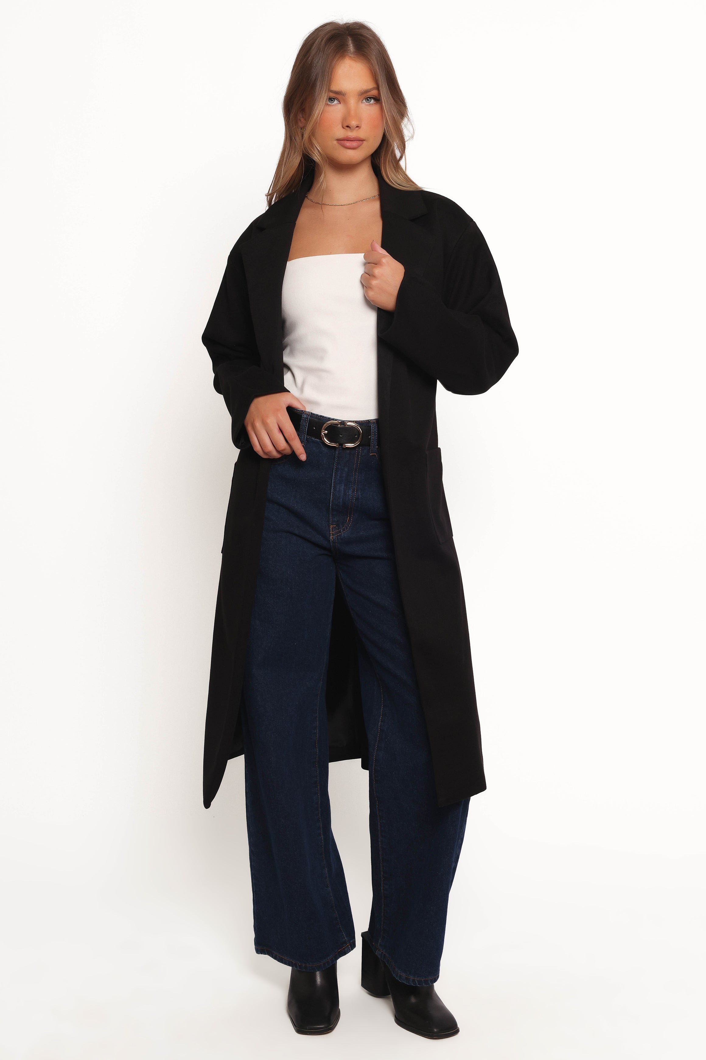 Kloss Tie Front Long Coat - Black