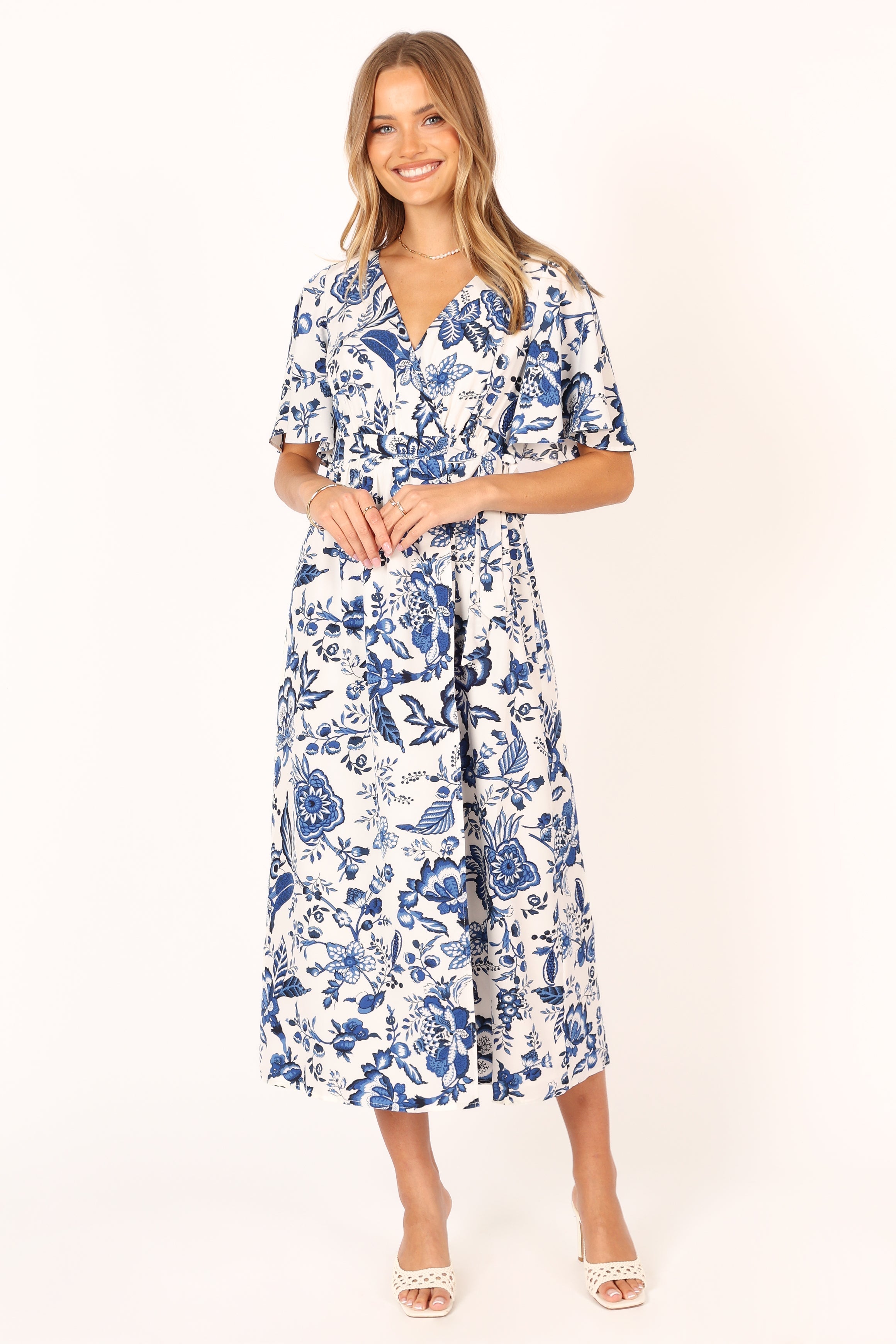 Kaleen Midi Wrap Dress - White Blue