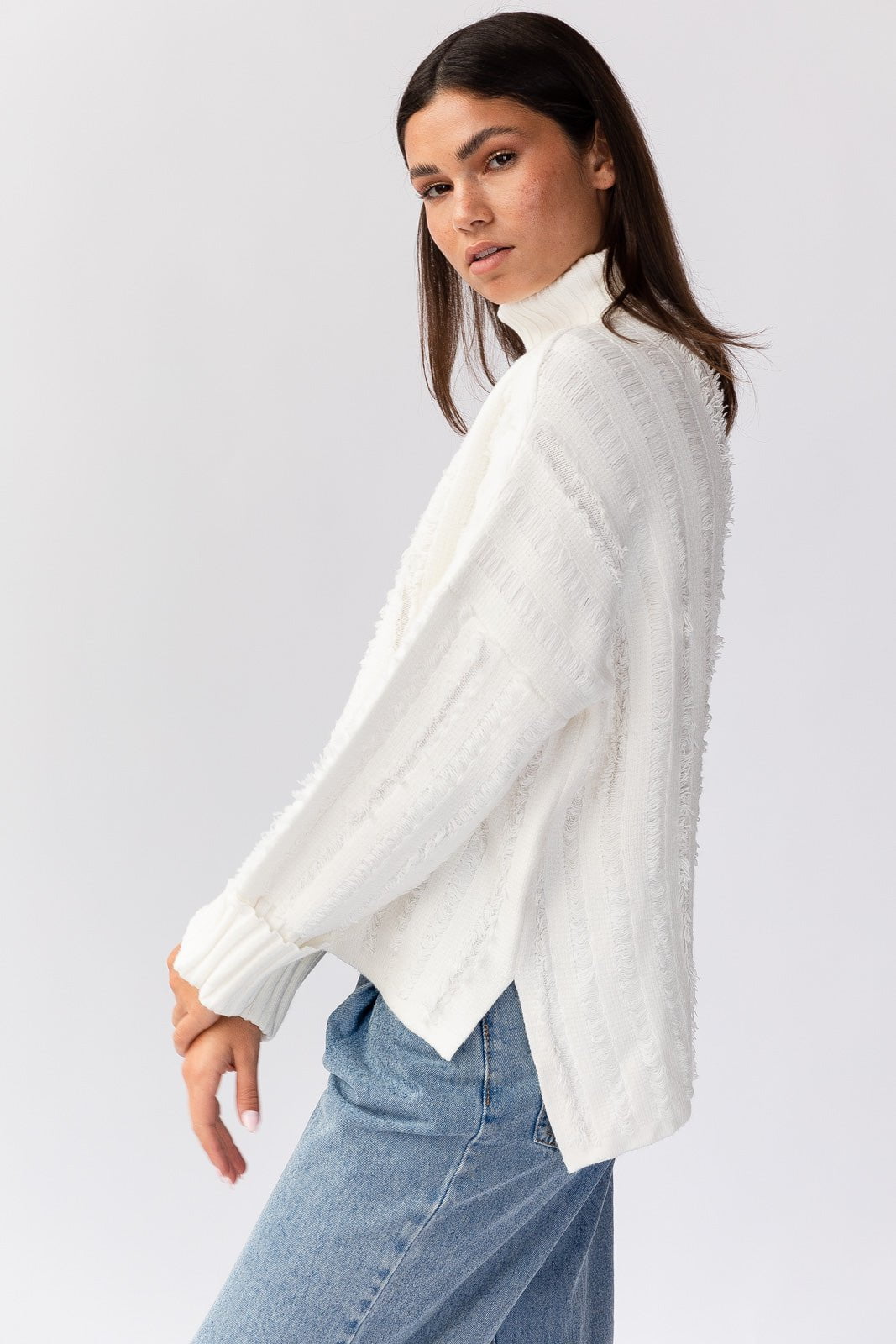 Dana Turtleneck Fringe Knit Sweater - White