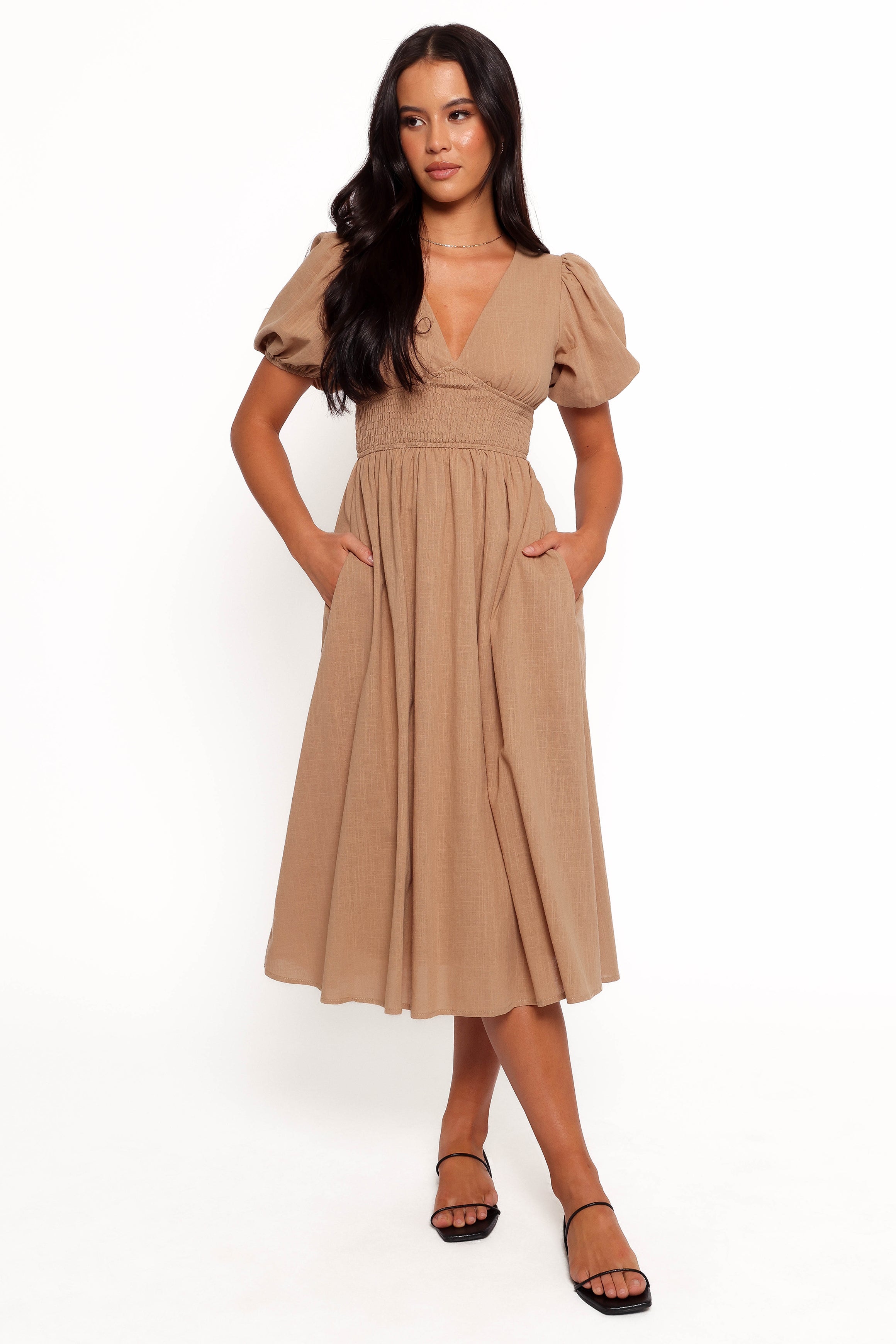 Ronnie Short Sleeve Midi Dress - Tan