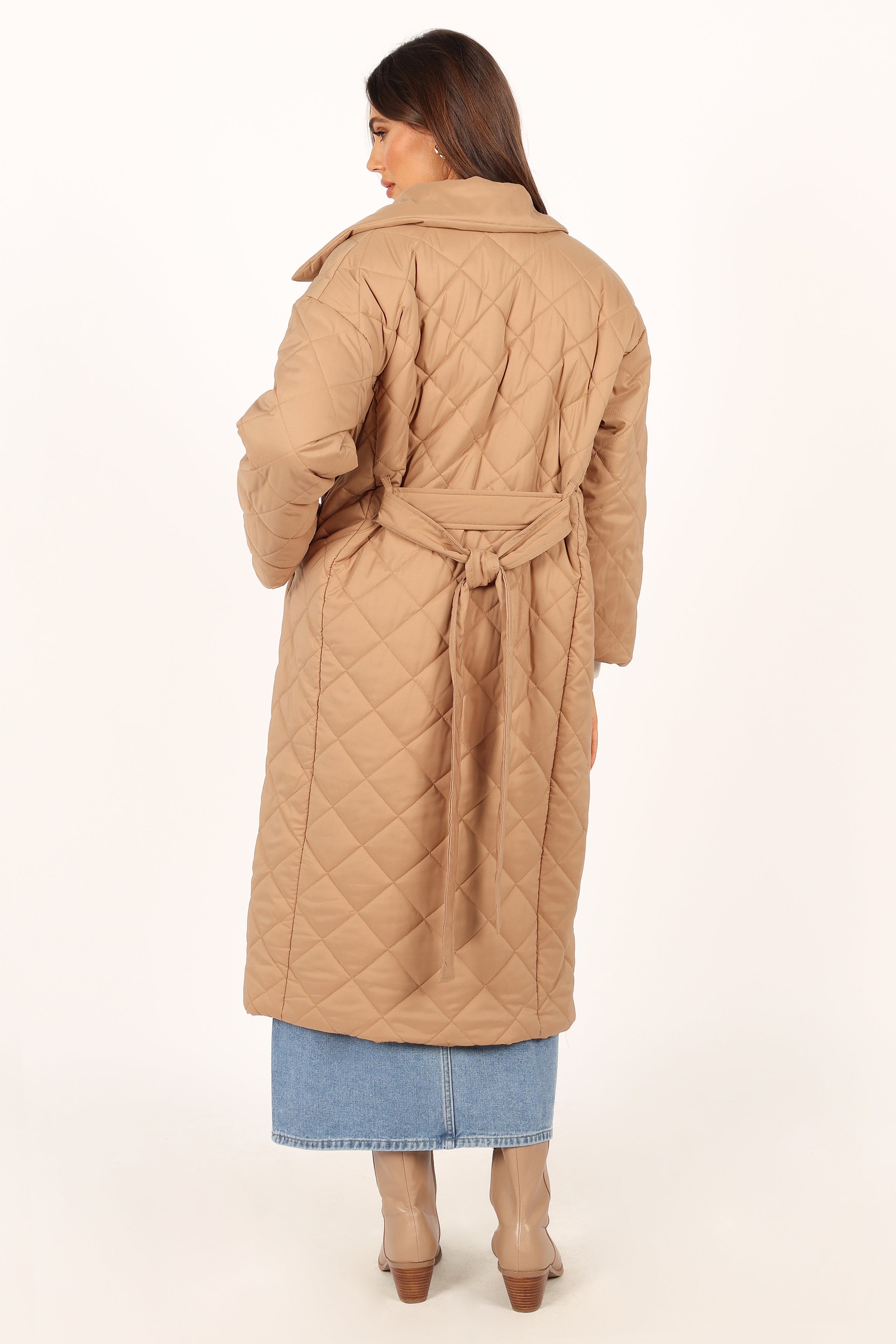 Kallie Quilted Tie Front Coat - Camel