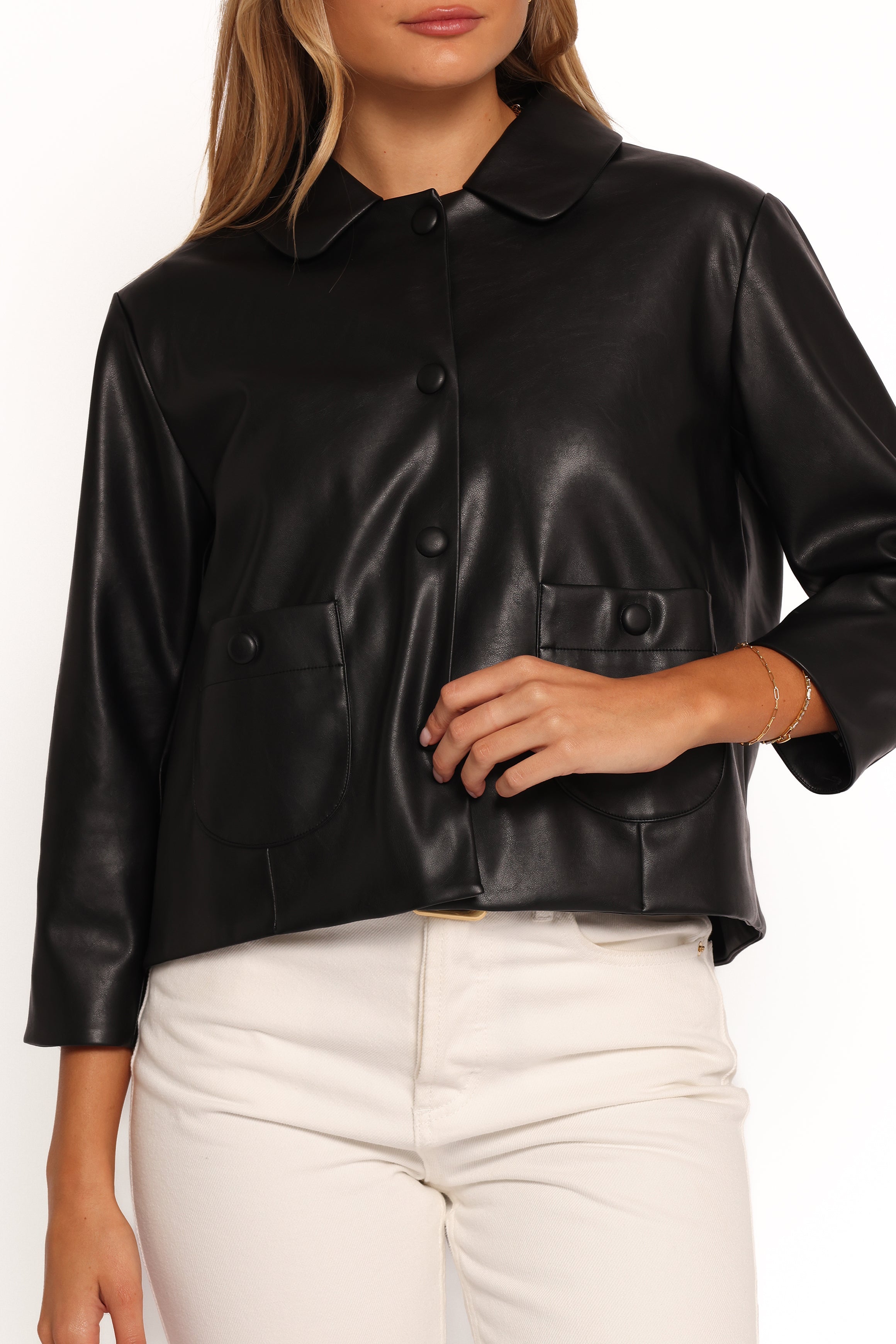 Evora Faux Leather Button Front Jacket - Black