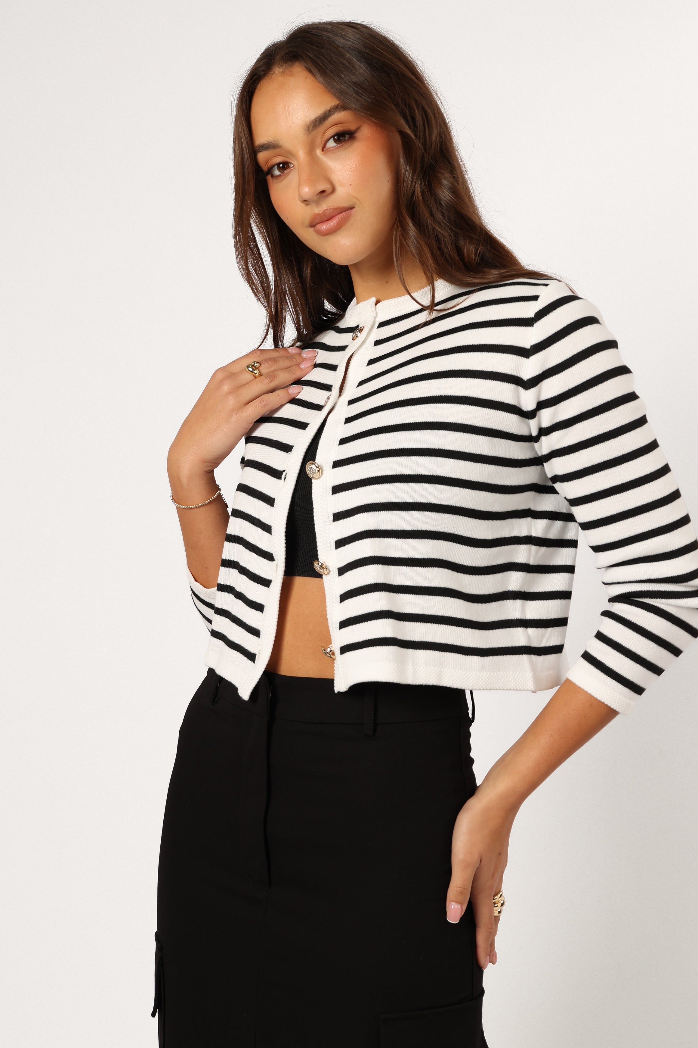 Cynthia Striped Button Front Cardigan - Black/Cream