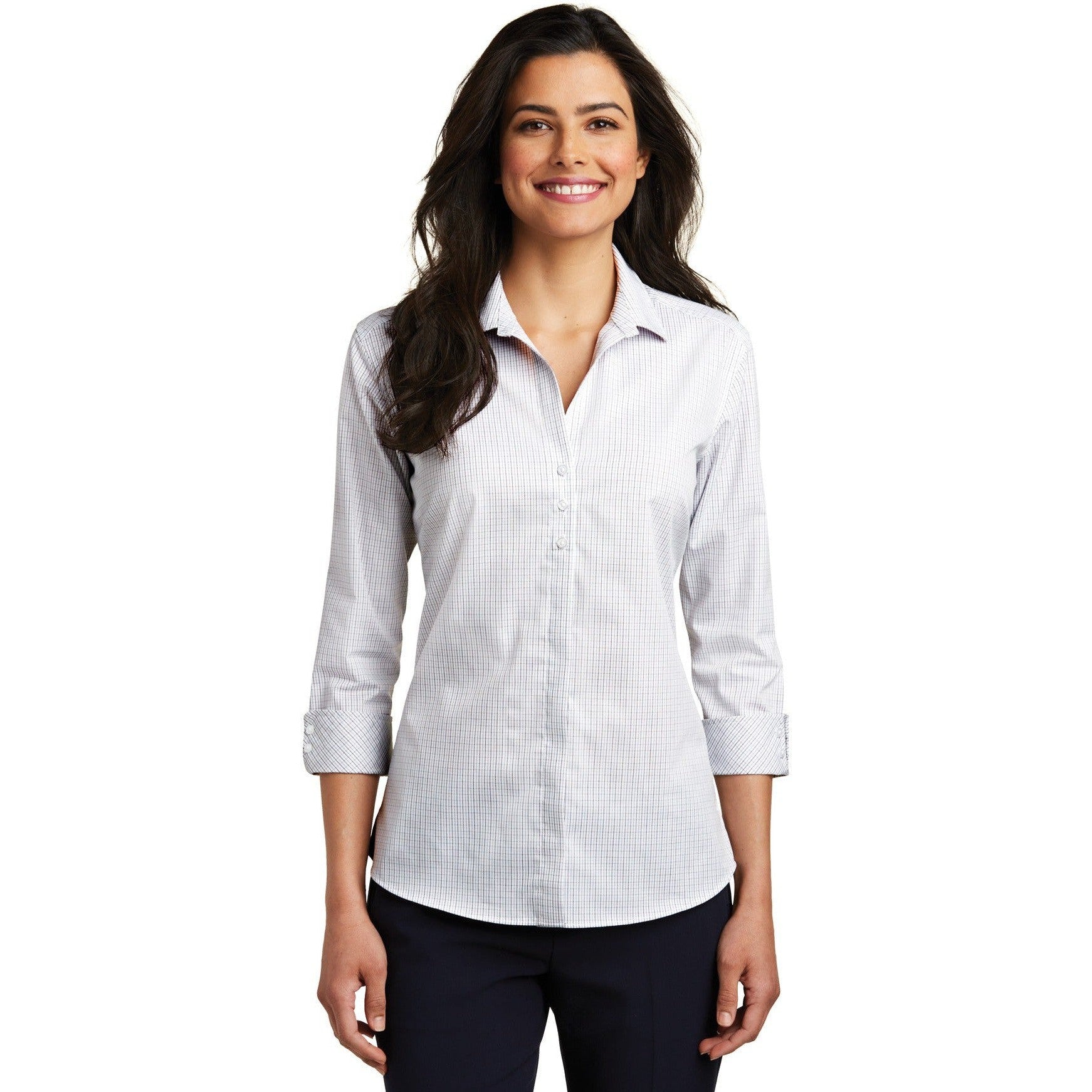 CLOSEOUT - Port Authority Ladies 3/4-Sleeve Micro Tattersall Easy Care Shirt