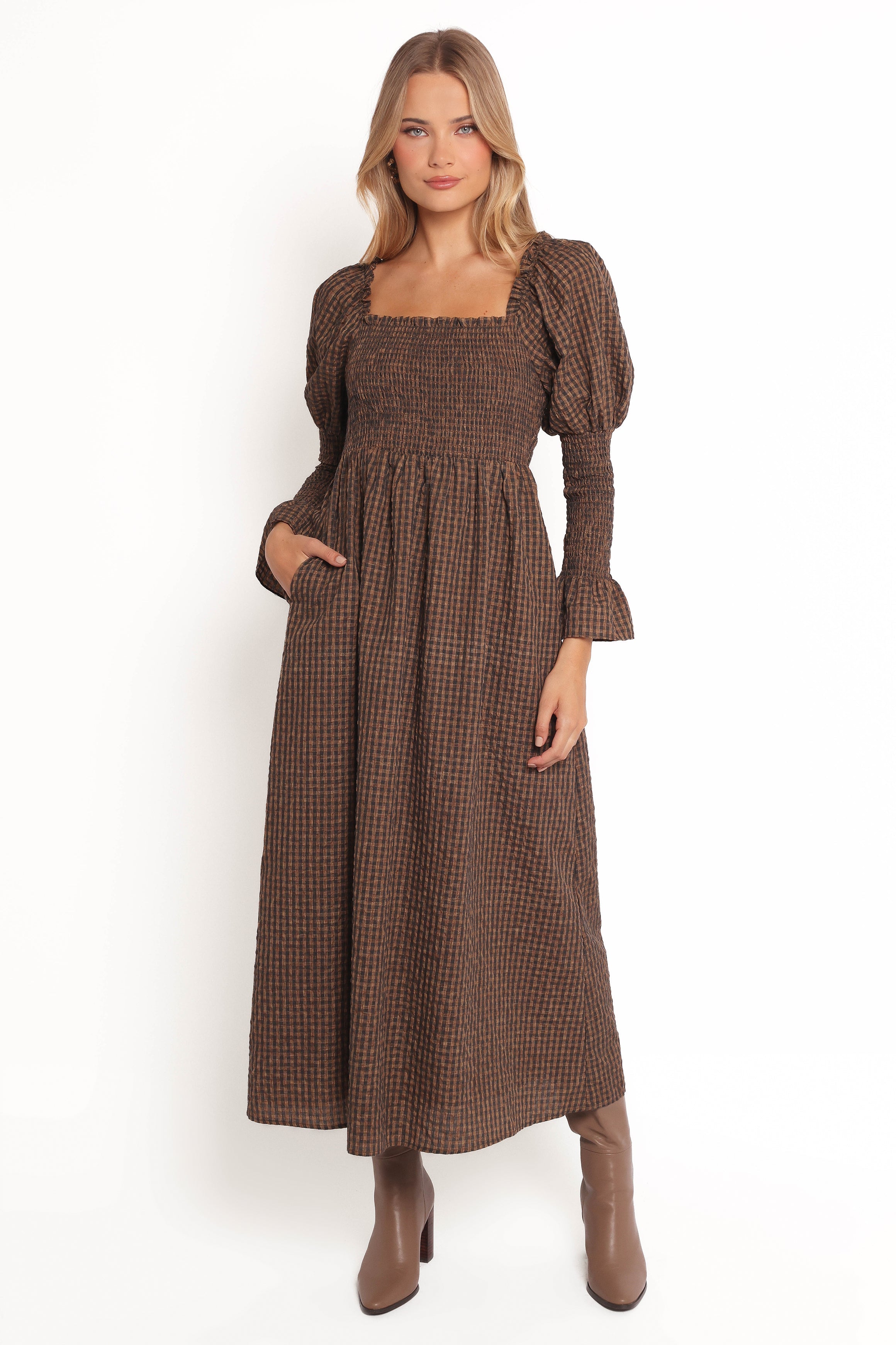 Cyrena Maxi Dress - Brown Check