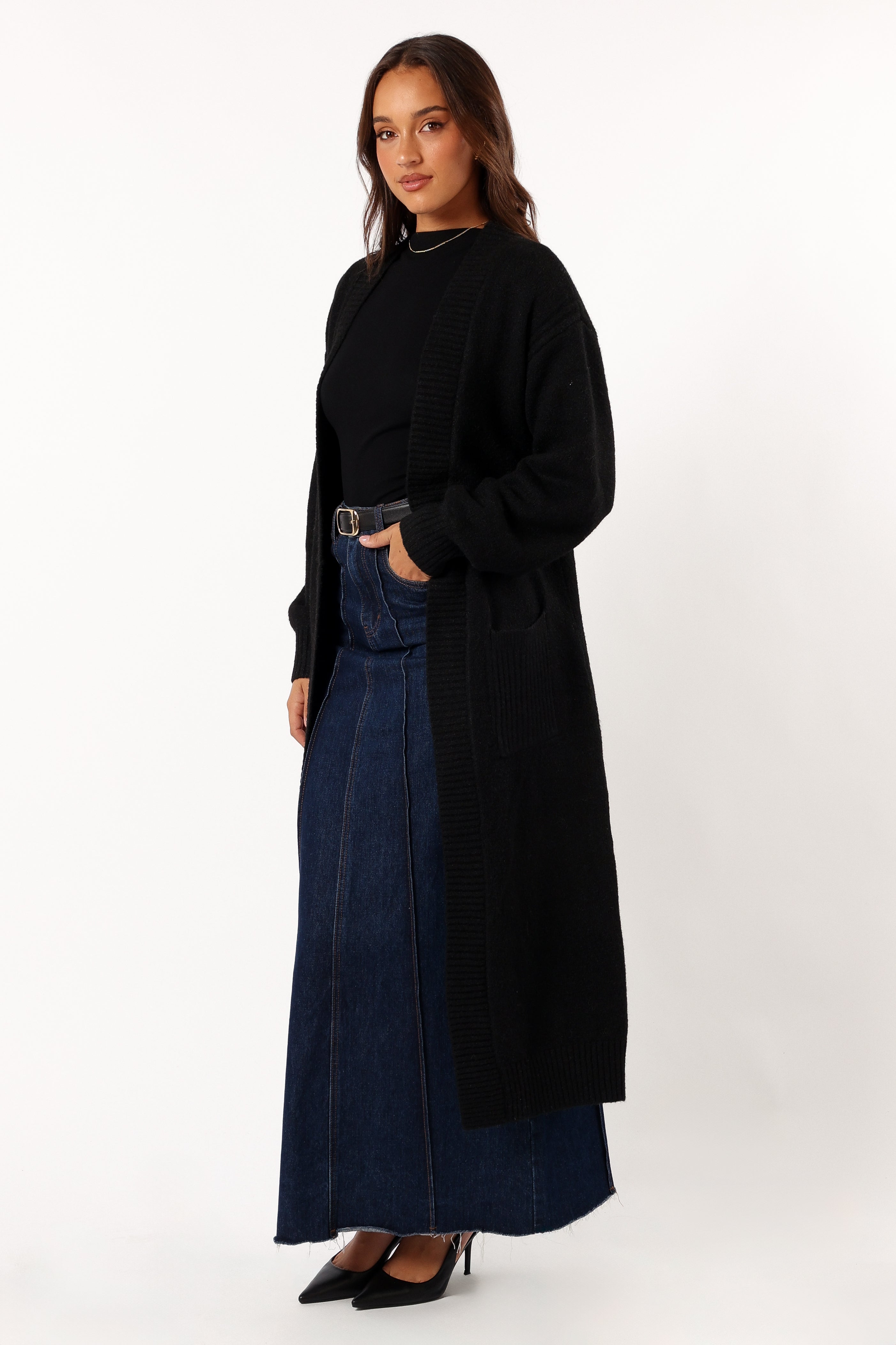 Nicolette Open Front Long Cardigan - Black