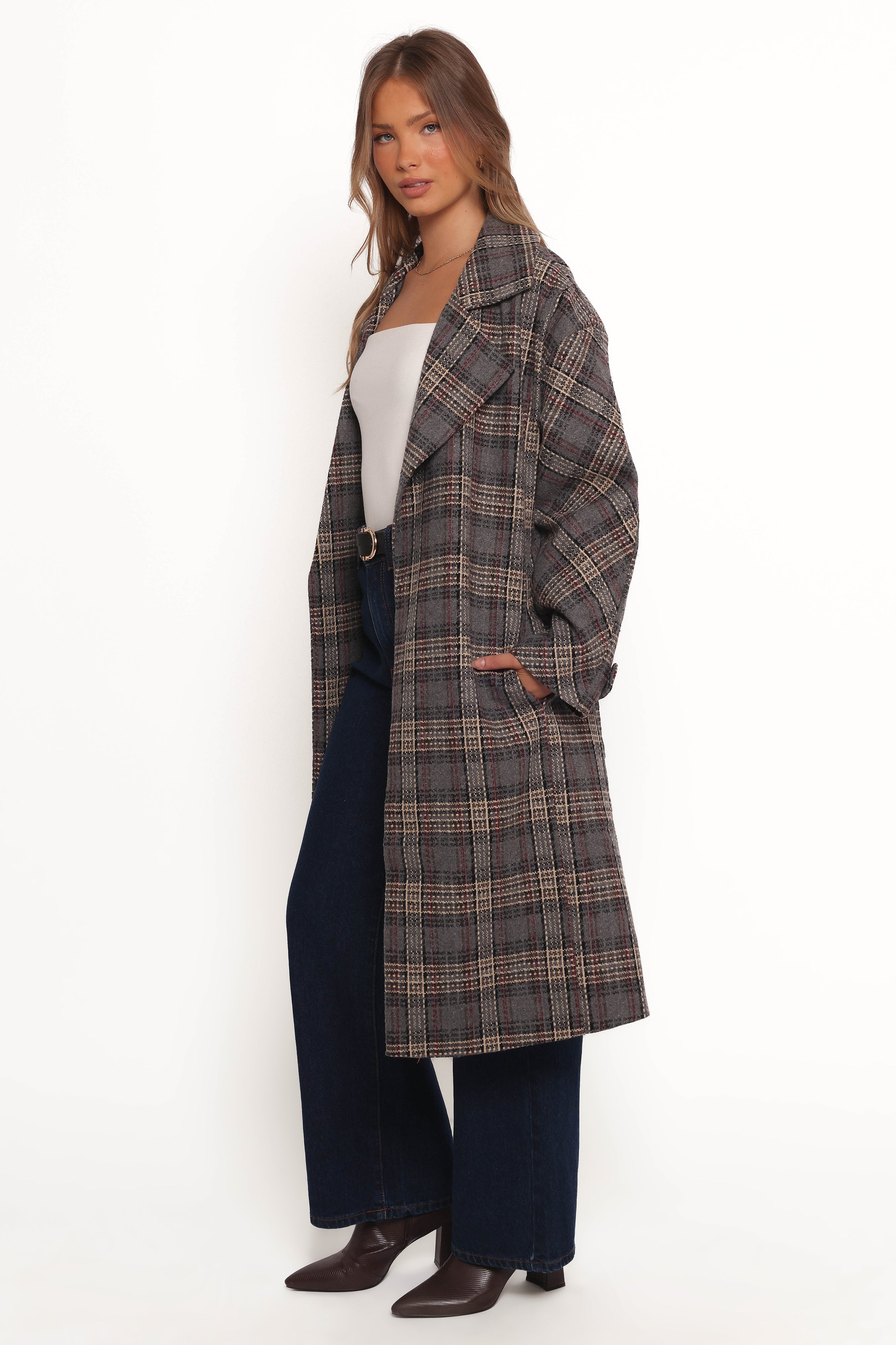 Torie Waist Tie Long Coat - Grey Check