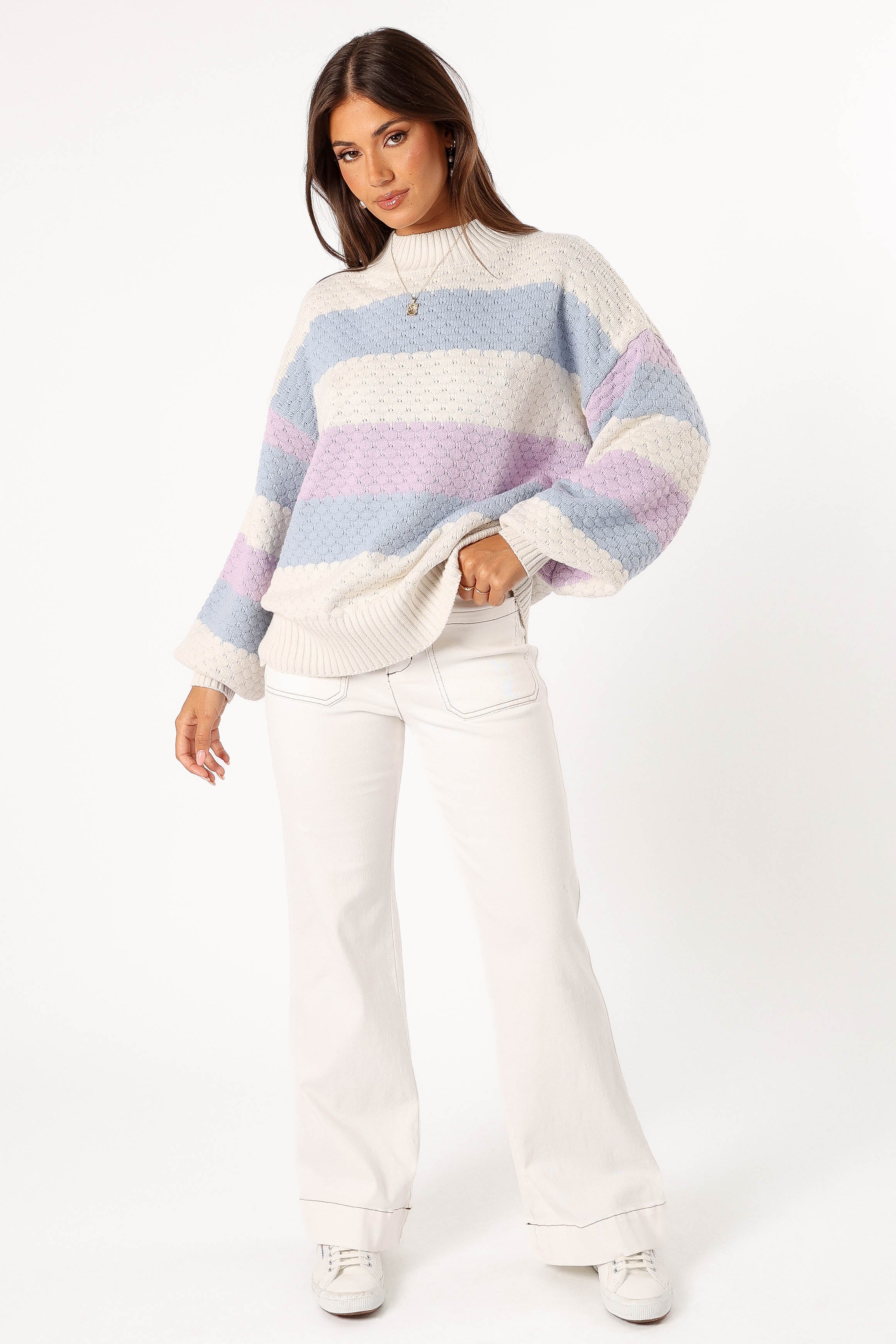 Dani Multi Stripe Knit Sweater - White Light Blue