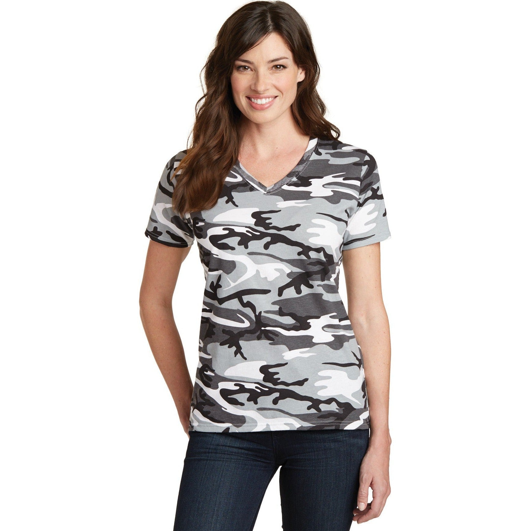 CLOSEOUT - Port & Company Ladies Core Cotton Camo V-Neck Tee