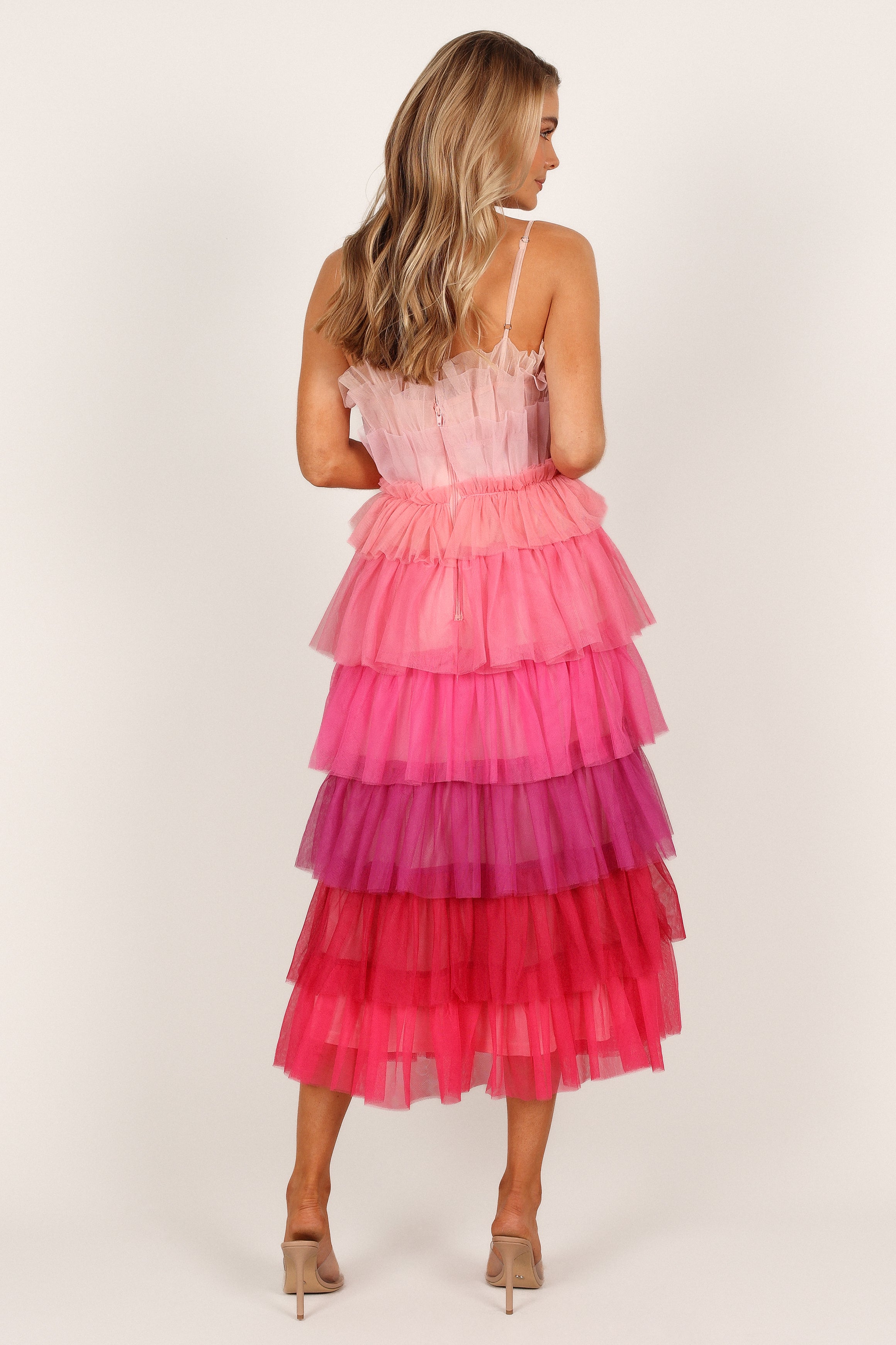 Minnie Tiered Tulle Midi Dress - Pink