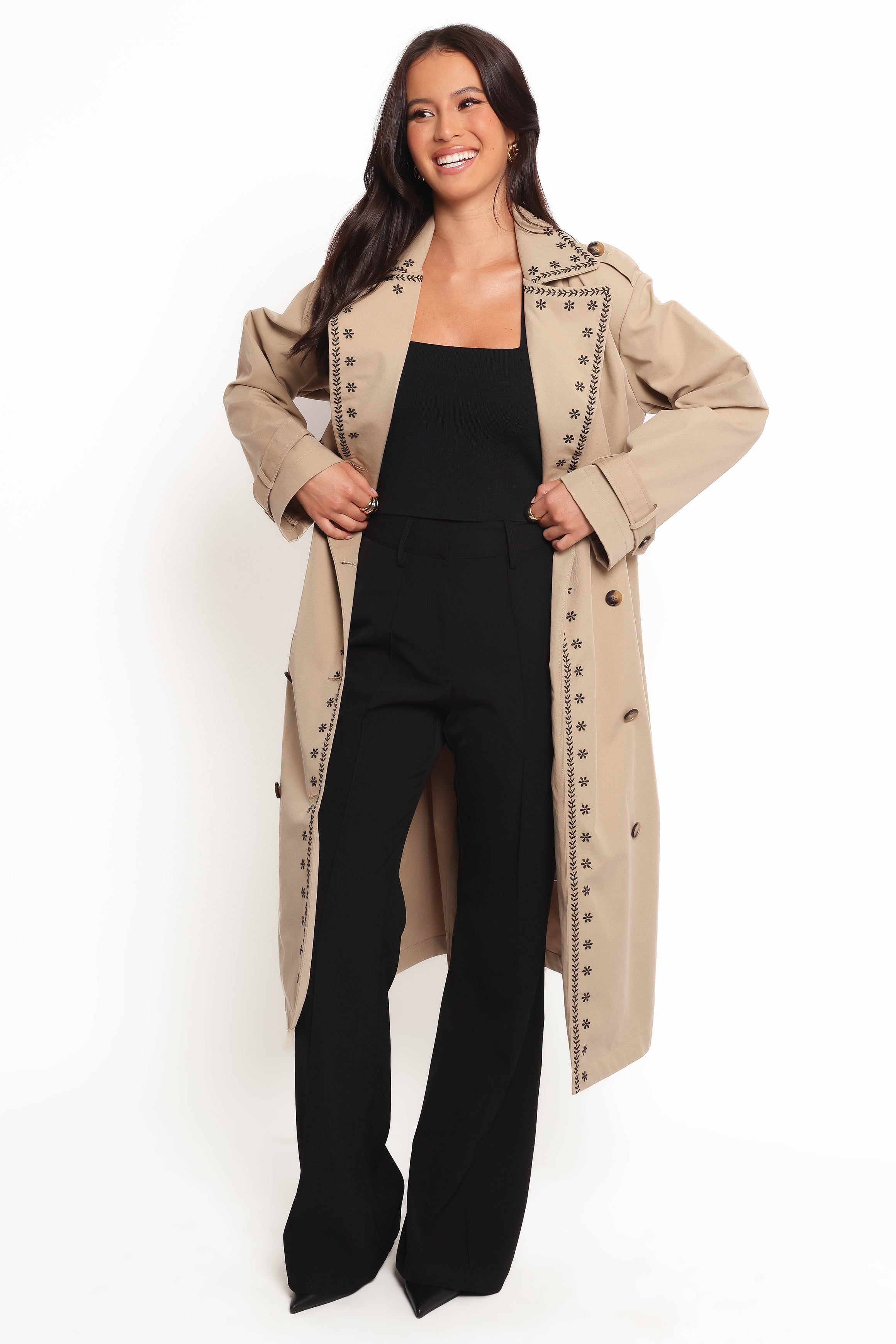 Grayson Embroidered Trim Trench Coat - Taupe