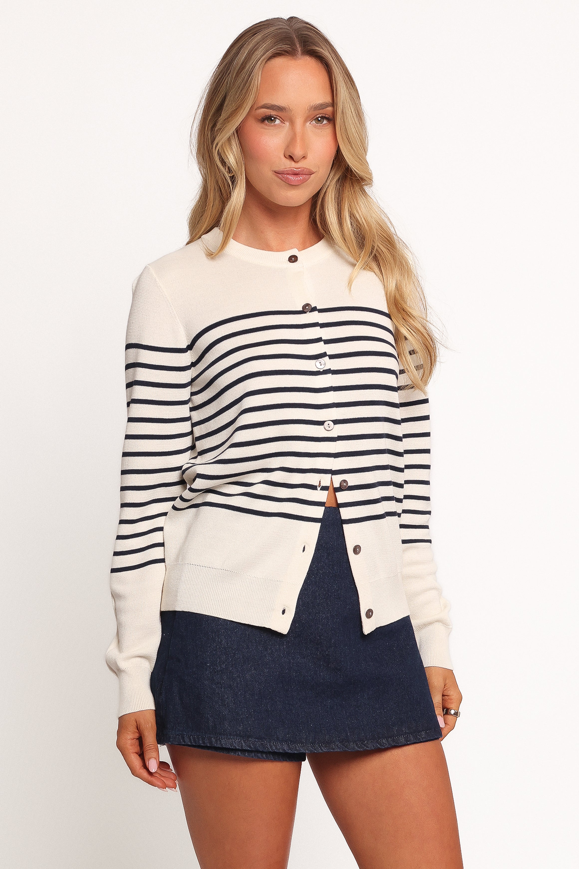 Gavi Button Front Striped Cardigan - Off White/Navy