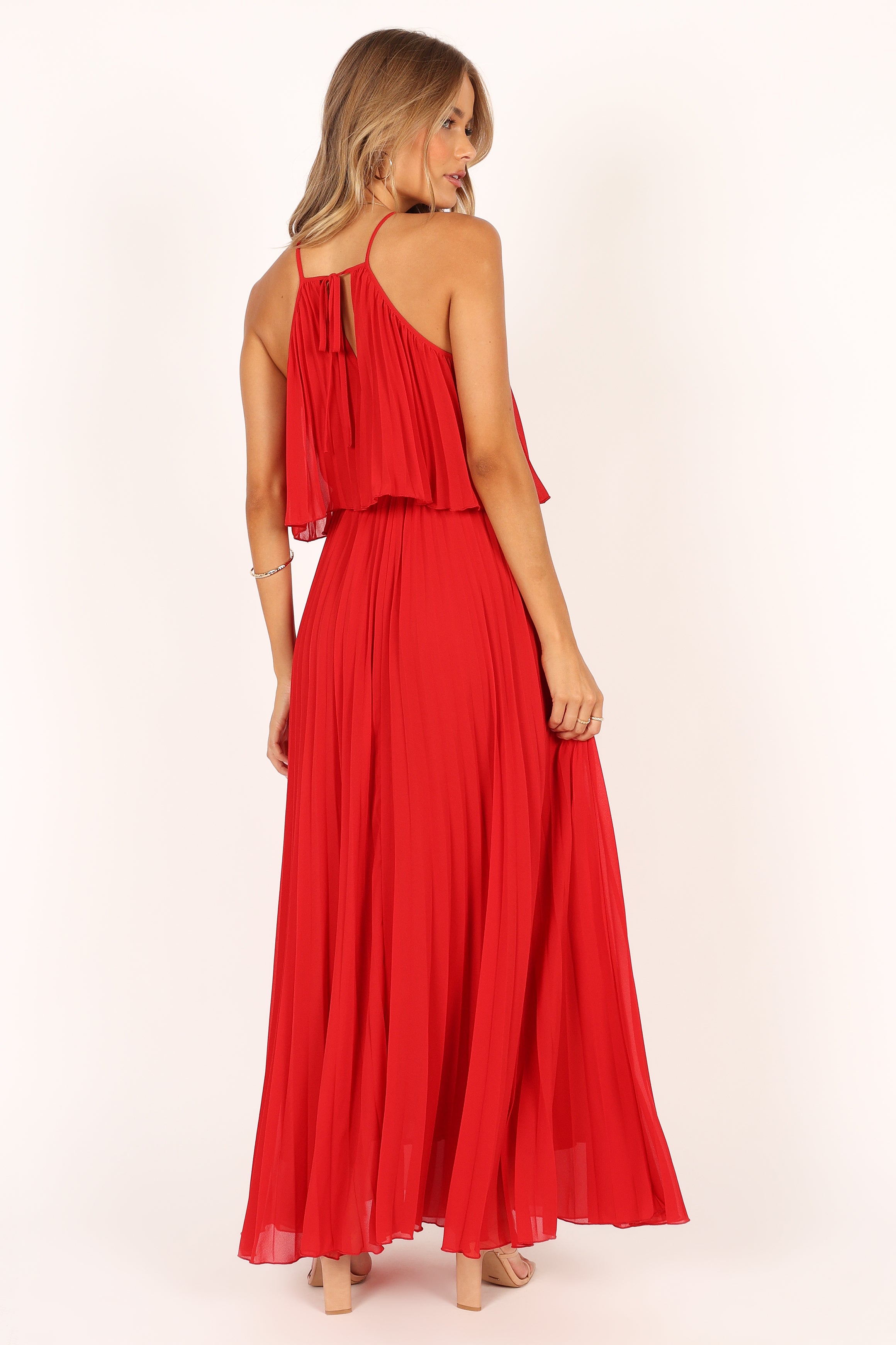 Gia Pleated Halterneck Maxi Dress - Red