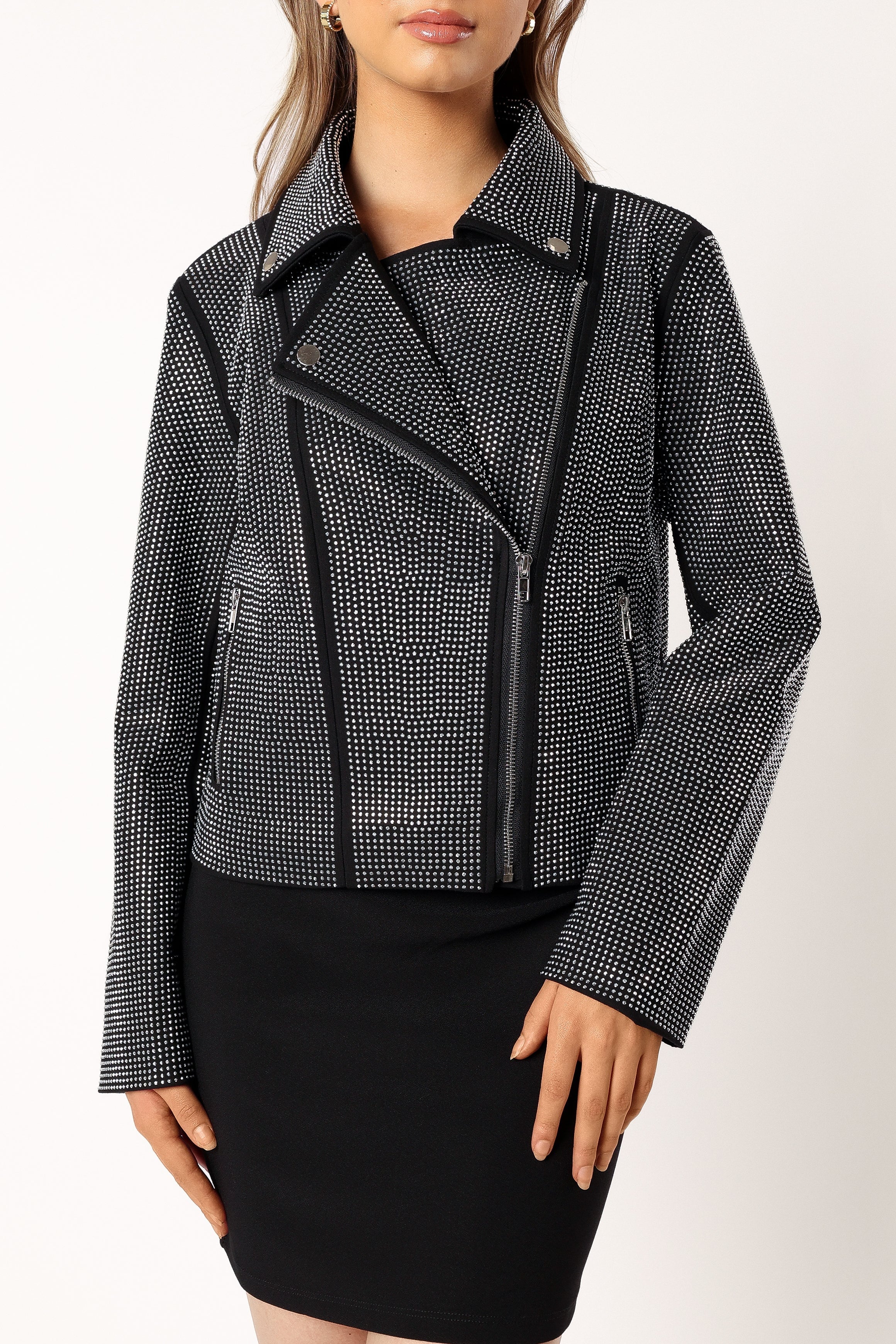 Elaina Crystal Studded Moto Jacket - Black